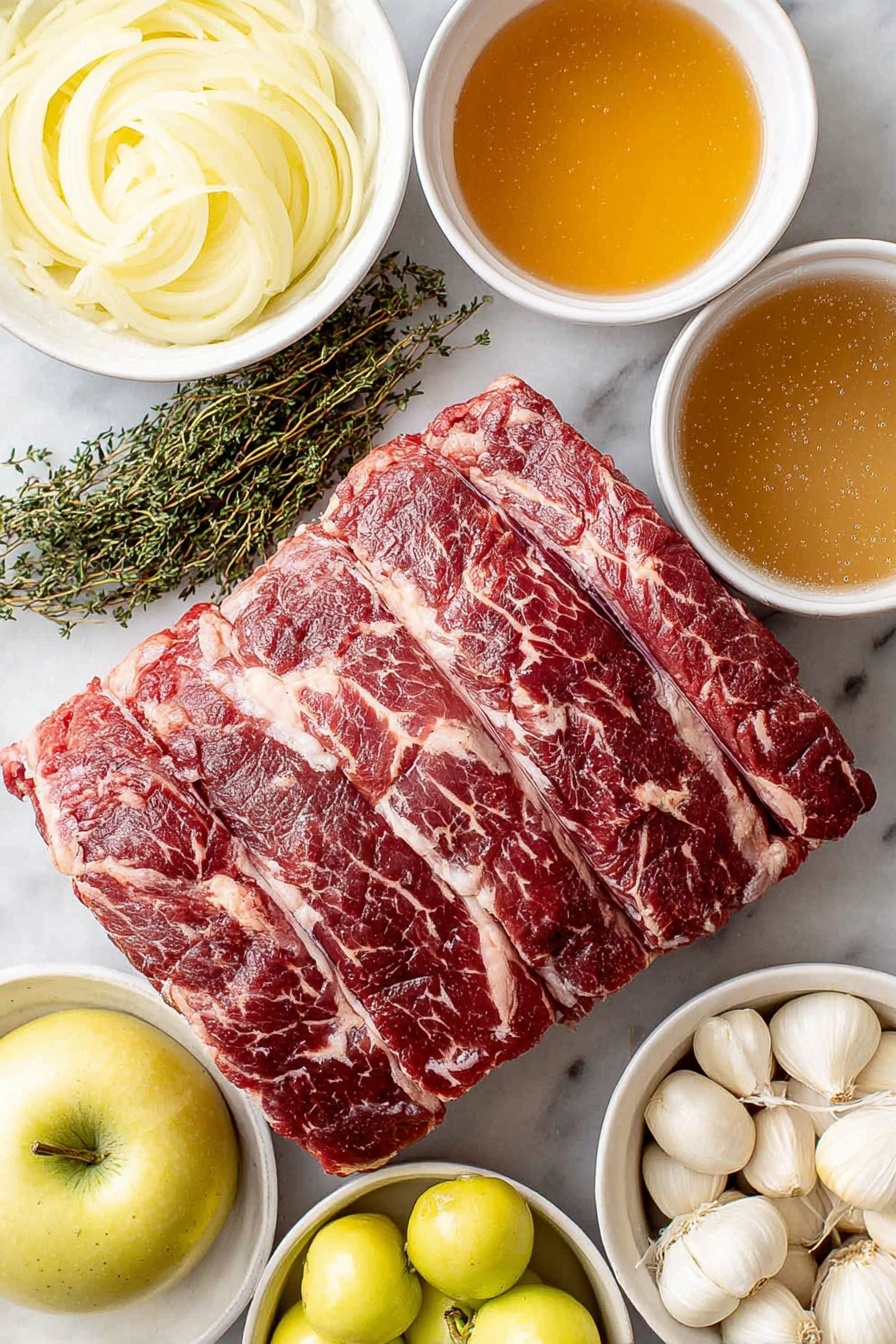 Braised Pork Shoulder with Apples, Pork Shoulder recipes, Slow cooker pork dishes, Apple pork recipes, Comfort food pork dishes - Flat lay of a fresh pork shoulder roast with visible marbling, a few sprigs of fresh thyme, a small bunch of fresh rosemary leaves, two quartered green Granny Smith apples, four whole yellow onions thinly sliced and arranged neatly, six whole garlic cloves unpeeled, a couple of bay leaves, a small white ceramic bowl of golden olive oil, a small white ceramic bowl of dry white wine, a small white ceramic bowl filled with amber apple cider, and a small white ceramic bowl containing low sodium chicken broth; all ingredients placed symmetrically on a clean white marble surface, soft natural light, photo taken with an iPhone, professional food photography style, fresh ingredients, white ceramic bowls, no bottles, no duplicates, no utensils, no packaging --ar 2:3 --v 7 --p m7354615311229779997