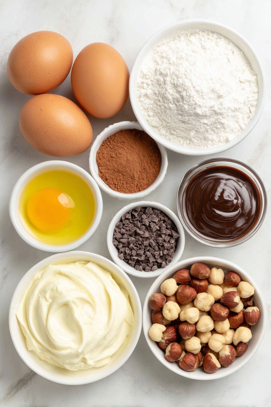 Chocolate Hazelnut Yule Log, holiday chocolate log, festive chocolate dessert, Christmas yule log, hazelnut chocolate cake - Flat lay of four large whole brown eggs with clean shells, a small bowl of superfine caster sugar, a small bowl of plain flour, a small bowl of smooth cocoa powder, a small bowl of finely ground espresso powder, a small bowl of baking powder, a small bowl of fine salt, a small white ceramic bowl filled with cold double cream, a small bowl of powdered icing sugar, a small bowl of vanilla bean paste, a small bowl of glossy chocolate hazelnut spread, a white ceramic bowl with finely chopped dark chocolate pieces, and a small pile of whole toasted hazelnuts, all arranged symmetrically and naturally on simple white ceramic bowls, placed on a clean white marble surface, soft natural light, photo taken with an iPhone, professional food photography style, fresh ingredients, white ceramic bowls, no bottles, no duplicates, no utensils, no packaging --ar 2:3 --v 7 --p m7354615311229779997