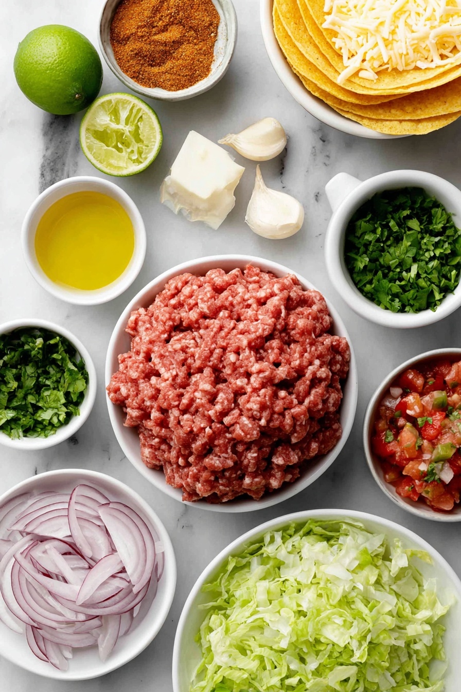 Crispy Baked Beef Tacos with Chipotle Crema, baked beef tacos, crispy beef tacos, chipotle crema recipe, easy taco night ideas - Flat lay of a small white ceramic bowl with golden canola oil, a mound of raw lean ground beef, a small white bowl filled with vibrant orange-brown taco seasoning powder, three peeled whole garlic cloves, a whole fresh lime cut in half showing bright green flesh, a small white bowl holding finely diced green chiles, a small white bowl of coarse salt and whole black peppercorns, a neat pile of shredded colby jack cheese with white and yellow hues, a stack of yellow corn tortillas with a smooth texture, a small white bowl of thick Mexican crema, two whole chipotle peppers with deep red color and wrinkled skin, a small white bowl with clear golden honey, a small white bowl containing freshly chopped bright green cilantro leaves, finely shredded crisp light green lettuce, a small white bowl of chunky red pico de gallo with diced tomatoes, onions, and green herbs, a small white bowl of creamy light green guacamole, and a small white bowl of thinly sliced pickled red onions with a vibrant magenta hue — all arranged in perfect symmetry and balanced proportions, placed on a clean white marble surface, soft natural light, photo taken with an iPhone, professional food photography style, fresh ingredients, white ceramic bowls, no bottles, no duplicates, no utensils, no packaging --ar 2:3 --v 7 --p m7354615311229779997