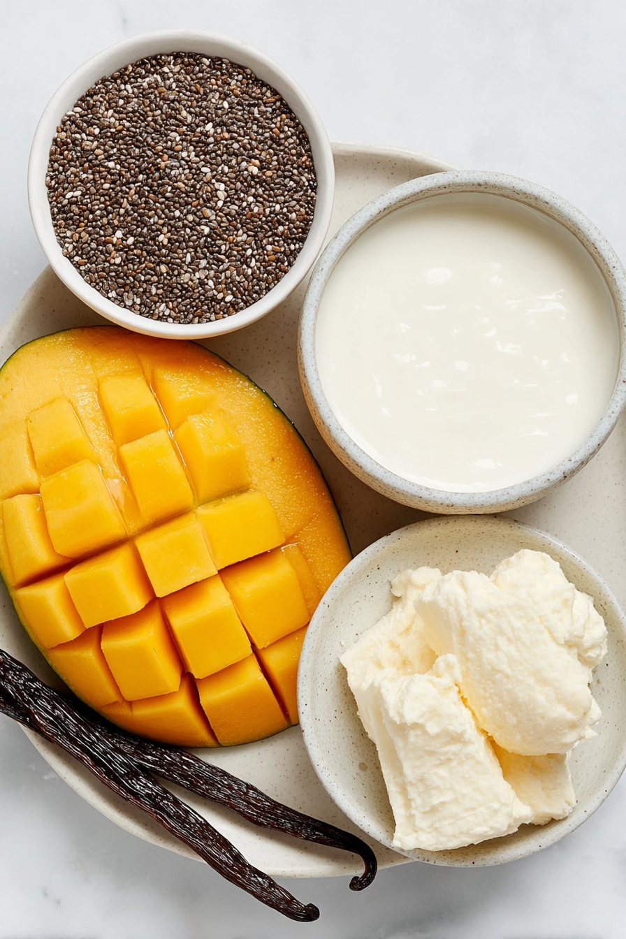 Mango Chia Pudding, healthy mango chia pudding, tropical breakfast ideas, easy chia pudding recipe, dairy-free mango pudding - Flat lay of a small white ceramic bowl of black chia seeds, a whole fresh mango sliced to show vibrant orange flesh, two small white ceramic bowls each filled with creamy non-dairy mylk, a small white ceramic bowl of golden pure maple syrup, a whole vanilla bean pod, and a small white ceramic bowl of fine sea salt crystals placed on a clean white marble surface, soft natural light, photo taken with an iPhone, professional food photography style, fresh ingredients, white ceramic bowls, no bottles, no duplicates, no utensils, no packaging --ar 2:3 --v 7 --p m7354615311229779997