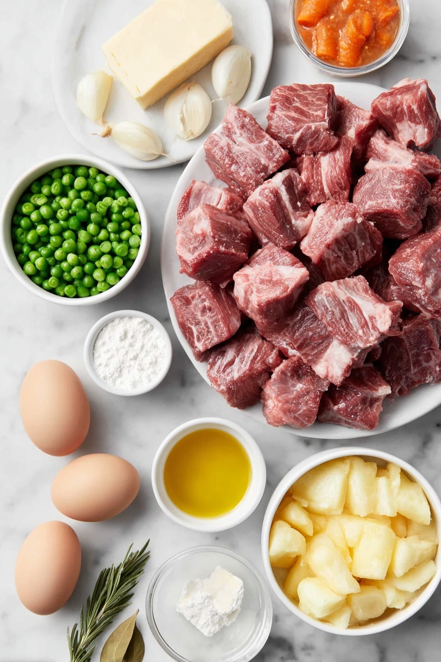 Slow Cooker Beef Stew with Red Wine, Beef Stew with Red Wine, Crockpot Beef Stew, Hearty Beef Stew Recipe, Easy Beef Stew with Wine - Flat lay of a large pile of raw stew beef cubes with visible marbling, a small heap of whole yellow onions diced, four peeled garlic cloves clustered together, five fresh medium carrots cut into 1-inch chunks, a bowl of halved baby Yukon gold potatoes, a few bright green frozen peas scattered loosely, two whole uncracked brown eggs, a small white ceramic bowl filled with rich beef broth, another small white bowl containing deep red tomato paste, a tiny white bowl holding golden olive oil, a stick of cold butter partially sliced with a smooth creamy texture, a sprig of fresh rosemary, two dry bay leaves, a small white bowl with fine white flour, and a small white bowl of light beige corn starch, all arranged with perfect symmetry and balanced proportions, placed on a clean white marble surface, soft natural light, photo taken with an iPhone, professional food photography style, fresh ingredients, white ceramic bowls, no bottles, no duplicates, no utensils, no packaging --ar 2:3 --v 7 --p m7354615311229779997