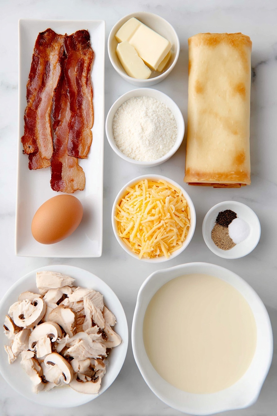 Chicken Mushroom Puff Pie, Chicken Mushroom Pie, savory puff pastry pie, homemade puff pastry pie, comforting chicken mushroom dish - Flat lay of four crispy cooked bacon strips chopped, a small mound of sliced fresh brown and white mushrooms, two tablespoons of creamy butter sticks, a few cloves of minced garlic in a small white bowl, a pile of shredded cooked chicken breast, a small heap of shredded sharp cheddar cheese, a whole uncracked brown egg, a small white bowl of smooth pale cream sauce (cream of chicken), a small white bowl of flour, a small white bowl of chicken broth, a small white bowl of milk, a small white bowl of cracked black pepper and another small white bowl of garlic powder, and two rolled out sheets of pale golden puff pastry, all arranged with perfect symmetry on a simple white ceramic plate and bowls placed on a clean white marble surface, soft natural light, photo taken with an iPhone, professional food photography style, fresh ingredients, white ceramic bowls, no bottles, no duplicates, no utensils, no packaging --ar 2:3 --v 7 --p m7354615311229779997