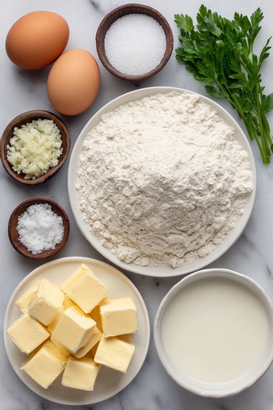 Garlic Bread Rolls, homemade garlic bread, soft bread rolls, garlic bread ideas, easy bread recipes - Flat lay of a small mound of all-purpose flour on a simple white ceramic plate, a few sprigs of fresh chopped parsley on a white ceramic dish, a small white ceramic bowl filled with granulated sugar, a small white ceramic bowl of instant yeast powder, a small white ceramic bowl with fine sea salt, a small white ceramic bowl containing warmed whole milk, one large uncracked brown egg, a small white ceramic bowl of unsalted butter cubes, a small white ceramic bowl of minced fresh garlic, a small white ceramic bowl with flaky sea salt, all elements arranged with perfect symmetry and balanced proportions, placed on a clean white marble surface, soft natural light, photo taken with an iPhone, professional food photography style, fresh ingredients, white ceramic bowls, no bottles, no duplicates, no utensils, no packaging --ar 2:3 --v 7 --p m7354615311229779997