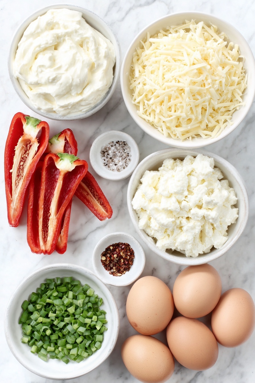 Cream Cheese Stuffed Mini Peppers, Mini Pepper Appetizer, Stuffed Mini Peppers Recipe, Easy Party Snacks, Cheesy Mini Peppers - Flat lay of fresh mini sweet peppers cut lengthwise with seeds removed, a small white ceramic bowl of softened cream cheese, a small white ceramic bowl filled with grated sharp cheddar cheese, a small white ceramic bowl holding chopped fresh chives, a small white ceramic bowl with coarse sea salt, a small white ceramic bowl with ground black pepper, whole uncracked brown eggs arranged symmetrically, placed on a clean white marble surface, soft natural light, photo taken with an iPhone, professional food photography style, fresh ingredients, white ceramic bowls, no bottles, no duplicates, no utensils, no packaging --ar 2:3 --v 7 --p m7354615311229779997