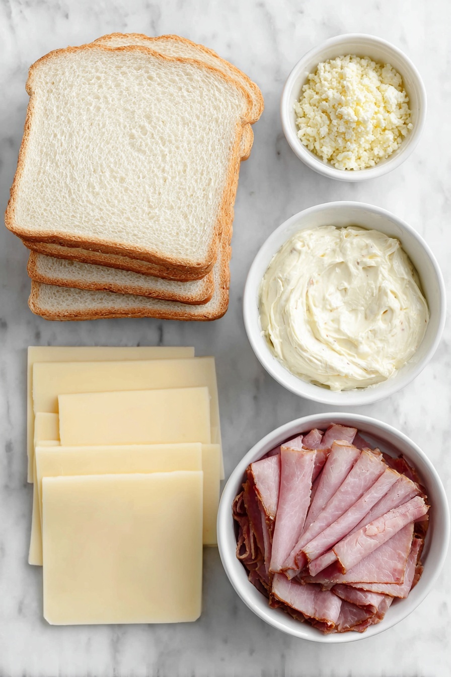 Christmas Tree Sandwiches, festive kid-friendly snacks, holiday party sandwiches, Christmas appetizer ideas, easy Christmas snacks - Flat lay of eight slices of soft white crustless bread stacked neatly, eight slices of pale yellow cheddar cheese arranged flat, eight thin slices of pink deli ham slightly folded, a small white ceramic bowl filled with creamy mayonnaise, a small white ceramic bowl with smooth golden mustard, all ingredients fresh and natural, perfectly symmetrical composition, placed on a clean white marble surface, soft natural light, photo taken with an iPhone, professional food photography style, fresh ingredients, white ceramic bowls, no bottles, no duplicates, no utensils, no packaging --ar 2:3 --v 7 --p m7354615311229779997