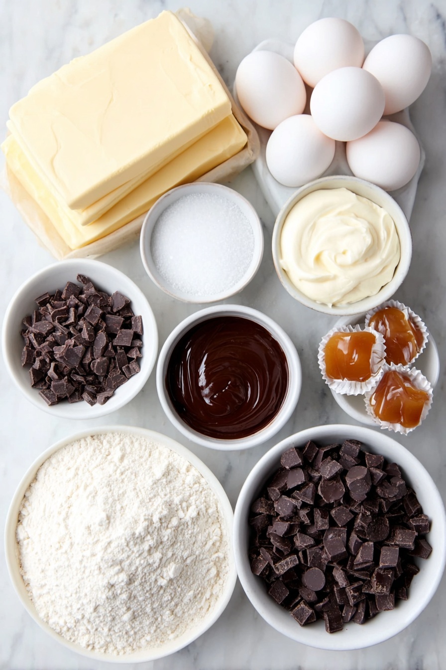 Chocolate Hazelnut Caramel Stuffed Brownie Cookies, decadent cookie recipes, indulgent dessert ideas, easy brownie cookie recipes, caramel filled cookies - Flat lay of a small slab of unsalted butter, a handful of chopped bittersweet chocolate chunks, a small pile of chopped dark chocolate pieces, three large whole eggs with clean shells, a small white bowl filled with granulated sugar, a small white bowl holding vanilla extract, a dollop of softened cream cheese, a neat mound of all-purpose flour, a small heap of dark chocolate cocoa powder, a pinch of baking powder, a pinch of salt, a small white bowl with rich chocolate hazelnut spread, a cluster of milk chocolate covered caramel candies, a small white bowl containing mixed granulated sugar and flaky sea salt, and a small white bowl with deep red pomegranate juice, all arranged symmetrically and naturally fresh on simple white ceramic dishes, placed on a clean white marble surface, soft natural light, photo taken with an iPhone, professional food photography style, fresh ingredients, white ceramic bowls, no bottles, no duplicates, no utensils, no packaging --ar 2:3 --v 7 --p m7354615311229779997