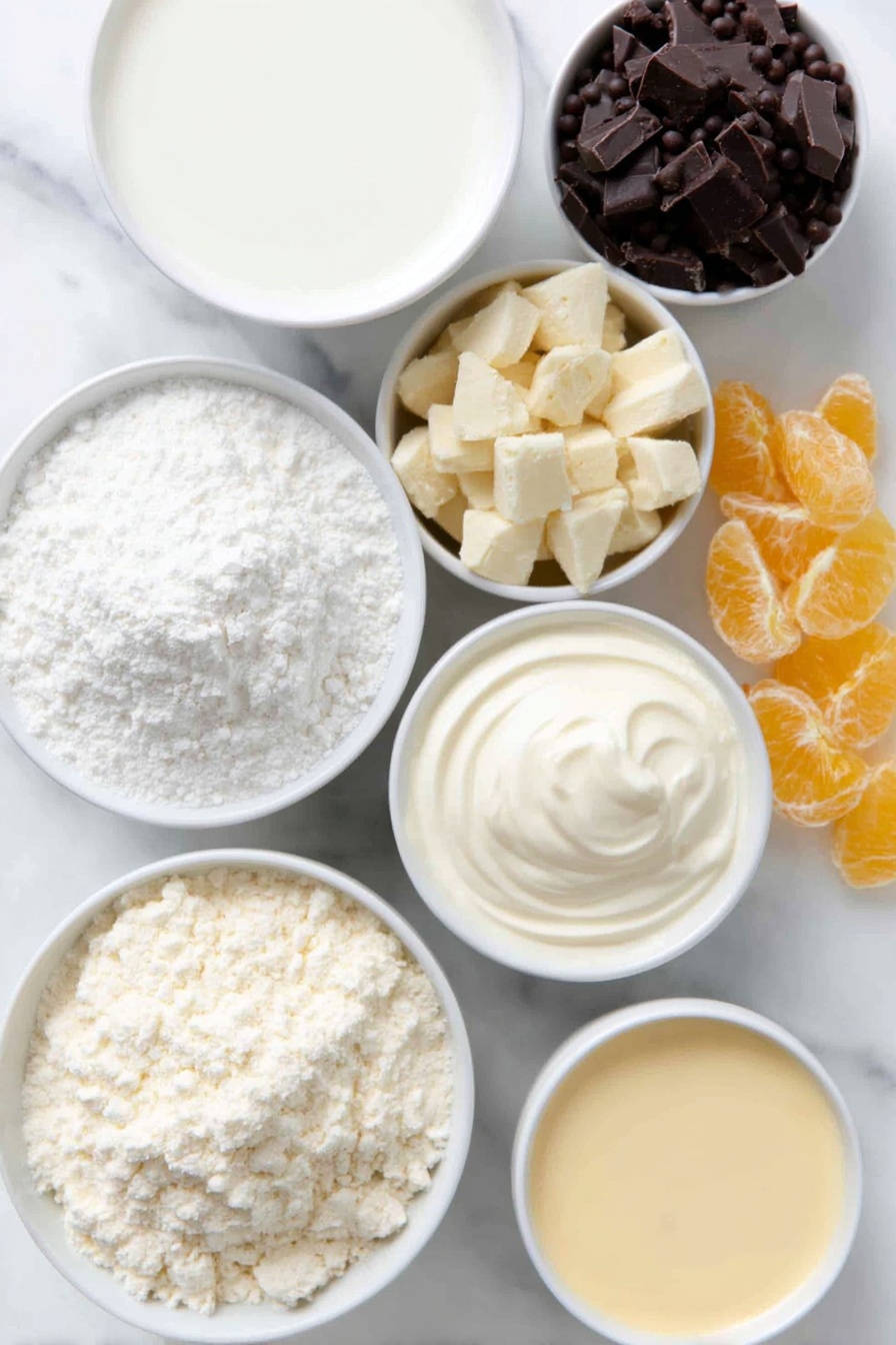 White Chocolate Panna Cotta with Orange Chocolate Sauce, white chocolate panna cotta, orange chocolate sauce recipe, elegant dessert ideas, easy panna cotta recipes - Flat lay of a small white ceramic bowl of powdered unflavored gelatin, a small white ceramic bowl with cold half and half, a small white ceramic bowl with whole milk, a small white ceramic bowl of heavy whipping cream, a small white ceramic bowl with white chocolate morsels, a small white ceramic bowl of granulated sugar, a small white ceramic bowl with finely chopped orange dark chocolate bar, a small white ceramic bowl filled with smooth heavy cream, a small white ceramic bowl containing orange liqueur, a small white ceramic bowl with shiny dark chocolate beads, and several pieces of bright candied orange peel, all ingredients fresh and natural, placed on a clean white marble surface, soft natural light, photo taken with an iPhone, professional food photography style, fresh ingredients, white ceramic bowls, no bottles, no duplicates, no utensils, no packaging --ar 2:3 --v 7 --p m7354615311229779997