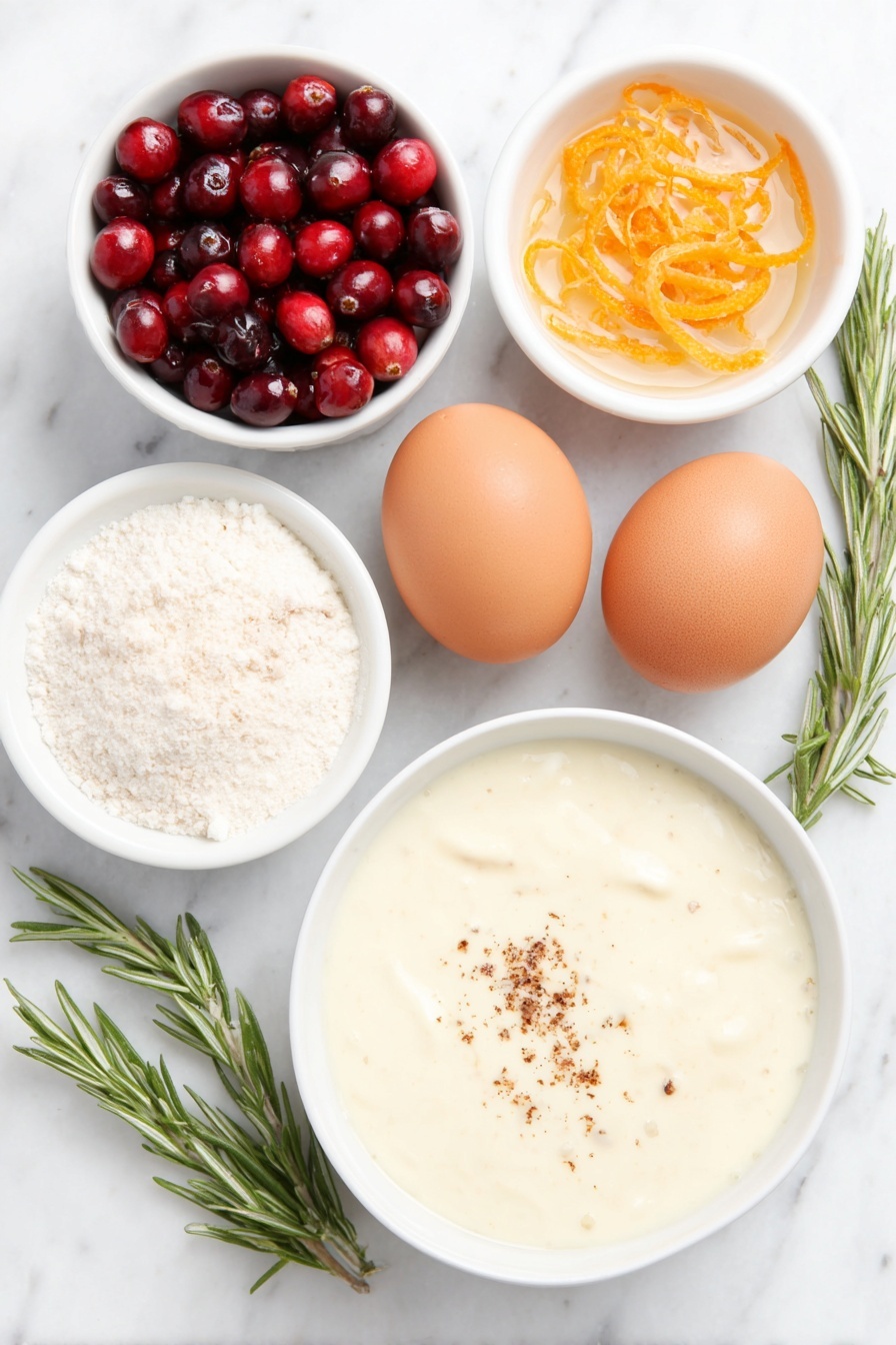 Eggnog Panna Cotta with Spiked Cranberry Sauce, festive holiday dessert, creamy panna cotta recipe, boozy cranberry sauce, Christmas dessert ideas - Flat lay of a small white ceramic bowl of cold water, a small white ceramic bowl with a sprinkle of powdered gelatin on its surface, two brown eggs with clean shells, a small white ceramic bowl filled with creamy eggnog liquid, fresh bright red cranberries scattered loosely, a small white ceramic bowl of granulated sugar, vibrant orange zest curls, a small white ceramic bowl of fresh orange juice, a small white ceramic bowl of orange liqueur, a few fresh rosemary sprigs neatly arranged, and six fresh cranberries for garnish, all placed on a clean white marble surface, soft natural light, photo taken with an iPhone, professional food photography style, fresh ingredients, white ceramic bowls, no bottles, no duplicates, no utensils, no packaging --ar 2:3 --v 7 --p m7354615311229779997