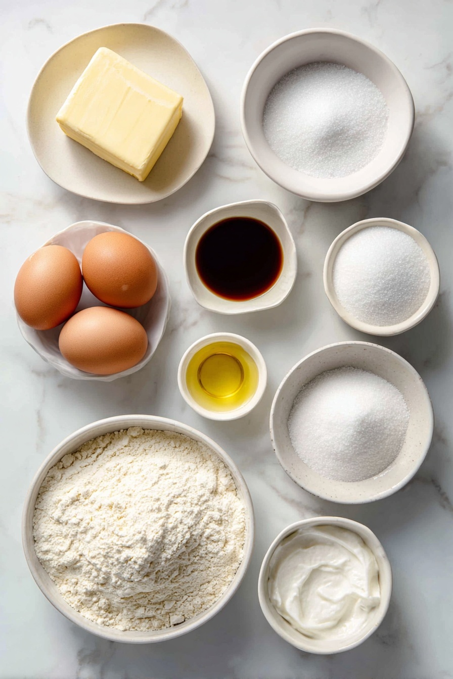 Amish Sugar Cookies, Amish Sugar Cookies recipe, soft buttery cookies, homemade Amish cookies, easy sugar cookie recipe - Flat lay of a small square of pale yellow softened butter, a small white ceramic bowl filled with clear vegetable oil, a small white bowl heaped with white granulated sugar, a small white bowl containing fine white powdered sugar, two large whole eggs with smooth brown shells, a small white bowl of golden vanilla extract, a mound of light beige all-purpose flour on a white ceramic plate, a small white bowl with off-white baking soda powder, a small white bowl with white cream of tartar powder, all arranged symmetrically and balanced, placed on a clean white marble surface, soft natural light, photo taken with an iPhone, professional food photography style, fresh ingredients, white ceramic bowls, no bottles, no duplicates, no utensils, no packaging --ar 2:3 --v 7 --p m7354615311229779997