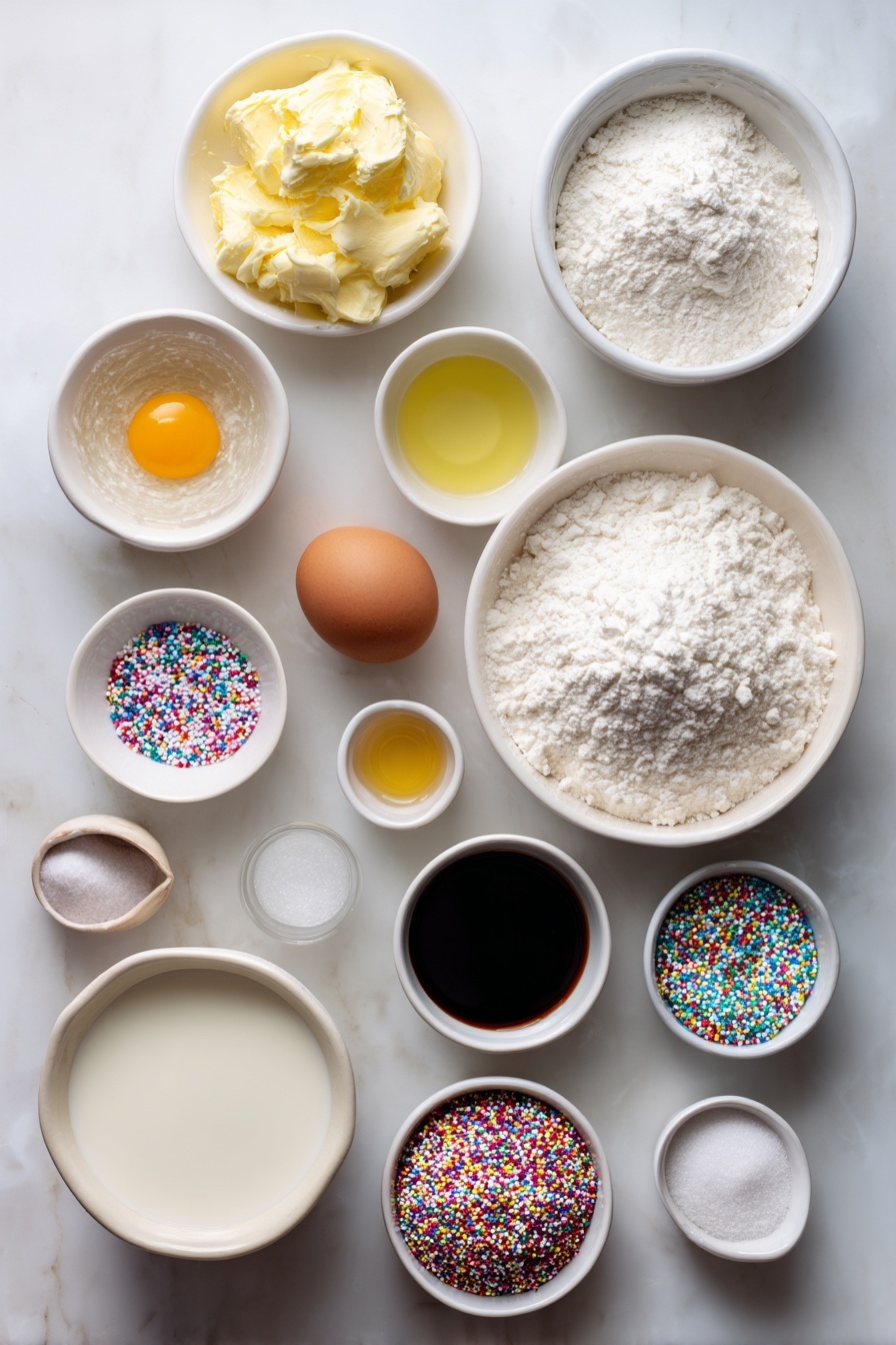 Soft Frosted Sugar Cookies, soft sugar cookies recipe, buttery sugar cookies with frosting, beginner-friendly sugar cookies, holiday sugar cookie ideas - Flat lay of a small white ceramic bowl of softened unsalted butter, a small bowl of granulated sugar, a small bowl of powdered sugar, one whole clean brown egg, a small bowl of vegetable oil, a small bowl of vanilla extract, a small bowl of almond extract, a neat pile of all-purpose flour, a small mound of cornstarch, a small pile of baking powder, a small heap of salt, a small white bowl of milk, and a neat pile of colorful sprinkles, all arranged symmetrically on a clean white marble surface, soft natural light, photo taken with an iPhone, professional food photography style, fresh ingredients, white ceramic bowls, no bottles, no duplicates, no utensils, no packaging --ar 2:3 --v 7 --p m7354615311229779997