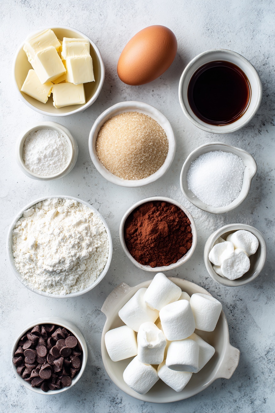 Hot Chocolate Cookies with Marshmallows, chocolate cookies with marshmallows, hot cocoa cookies, easy chocolate marshmallow cookies, cozy dessert recipes - Flat lay of a small pile of unsalted butter cubes, a mound of soft light brown sugar, a small heap of granulated sugar, one large whole uncracked brown egg, a small white ceramic bowl of pure vanilla extract, a small white ceramic bowl of unsweetened cocoa powder, a small white ceramic bowl of all purpose flour, a small white ceramic bowl of baking soda, a small white ceramic bowl of salt, a small white ceramic bowl of cornstarch, a small pile of semi-sweet chocolate chips, and several cut halves of fresh white marshmallows, all arranged symmetrically on a clean white marble surface, soft natural light, photo taken with an iPhone, professional food photography style, fresh ingredients, white ceramic bowls, no bottles, no duplicates, no utensils, no packaging --ar 2:3 --v 7 --p m7354615311229779997