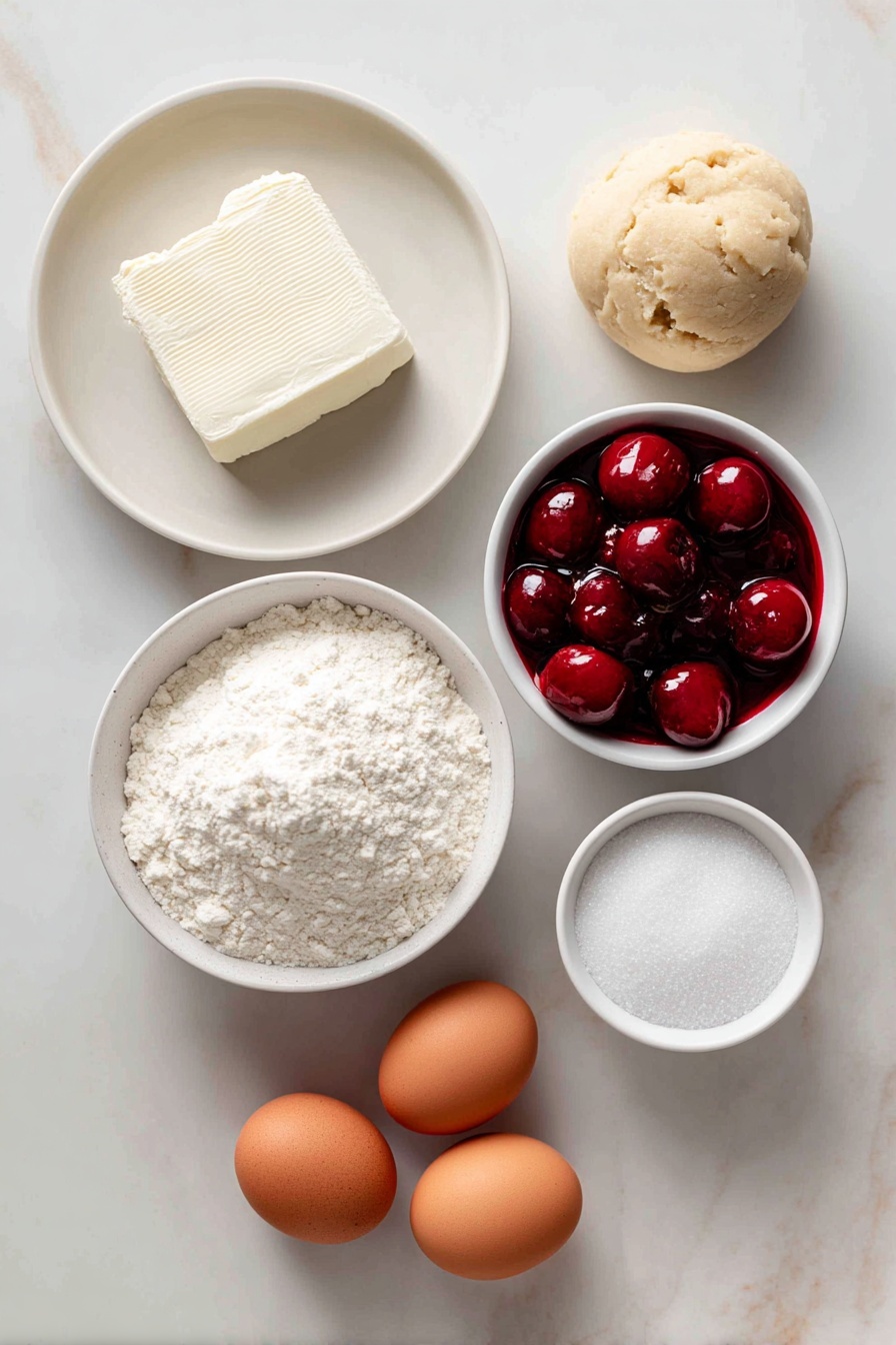 Cherry Cheesecake Cookies From Scratch, Cherry Cheesecake Cookies, homemade cherry cheesecake cookies, easy cherry cheesecake cookies, cherry cheesecake cookie recipe - Flat lay of a block of fresh cream cheese, a small mound of all-purpose flour on a white ceramic plate, a ball of pale beige refrigerated sugar cookie dough, a small white bowl filled with bright red cherry pie filling with whole cherries visible, a small white bowl containing granulated sugar crystals, two whole brown eggs with clean shells placed near the center, all arranged in perfect symmetry on a simple white ceramic surface, placed on a clean white marble surface, soft natural light, photo taken with an iPhone, professional food photography style, fresh ingredients, white ceramic bowls, no bottles, no duplicates, no utensils, no packaging --ar 2:3 --v 7 --p m7354615311229779997