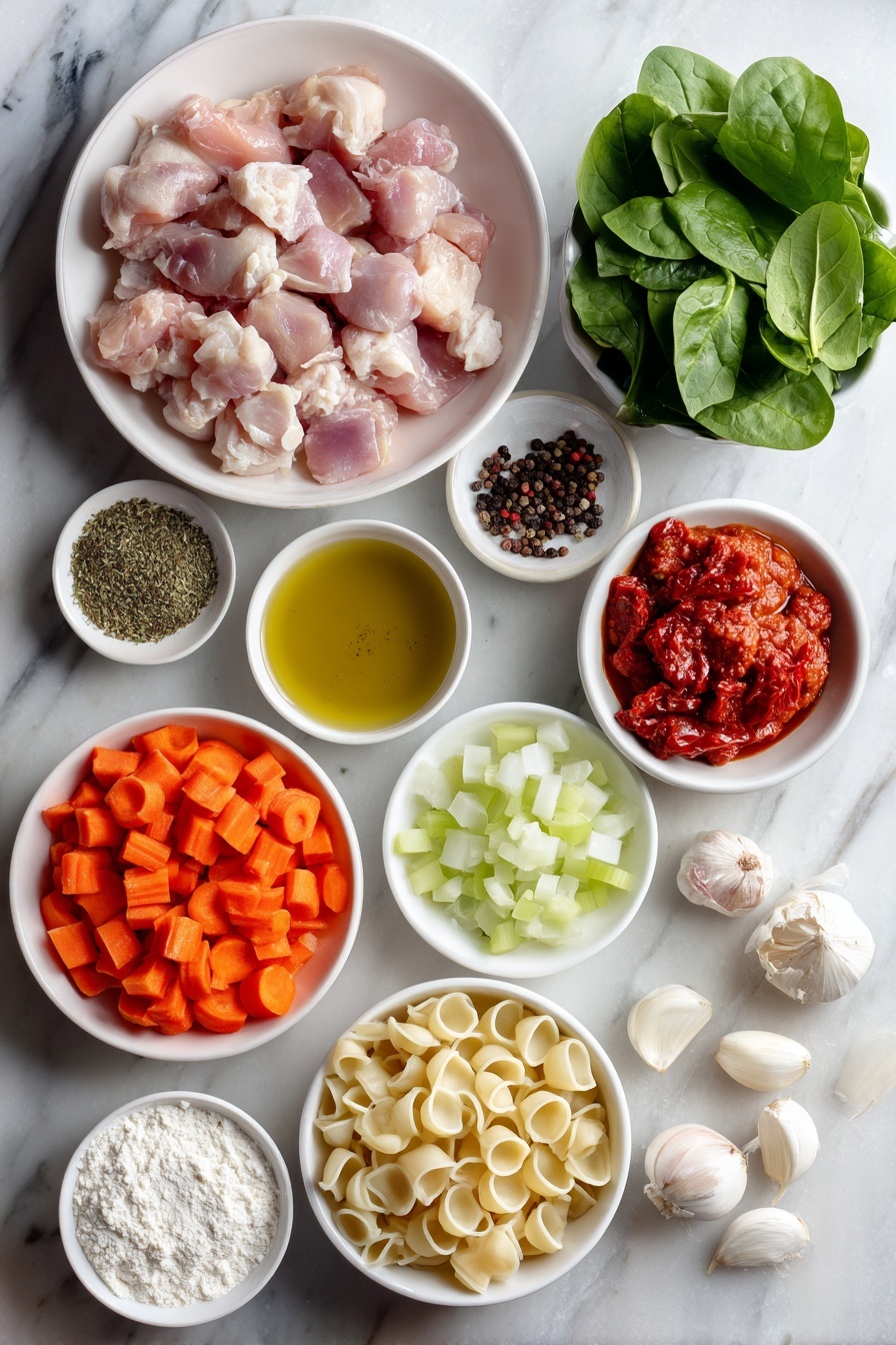 Creamy Tuscan Chicken Soup, creamy chicken soup, Tuscan chicken recipe, hearty chicken soup, easy comfort soup - Flat lay of a small white ceramic bowl of golden olive oil, a pile of fresh boneless, skinless chicken thighs cut into chunks, a small white bowl filled with mixed Italian seasoning herbs, a small mound of coarse sea salt, a small heap of black peppercorns, a simple white plate with diced bright orange carrots, diced pale green celery sticks, diced white onions, and diced deep red sundried tomatoes arranged neatly, three whole uncracked garlic cloves with clean white skins, a small white bowl containing fine white flour, a small white bowl with rich red tomato paste, a simple white bowl showing golden chicken broth, a small white dish heaped with uncooked Italian small shell pasta, a small white bowl of thick heavy whipping cream, a white plate sprinkled with grated parmesan reggiano cheese, and a handful of vibrant fresh green spinach leaves, all placed on a clean white marble surface, soft natural light, photo taken with an iPhone, professional food photography style, fresh ingredients, white ceramic bowls, no bottles, no duplicates, no utensils, no packaging --ar 2:3 --v 7 --p m7354615311229779997