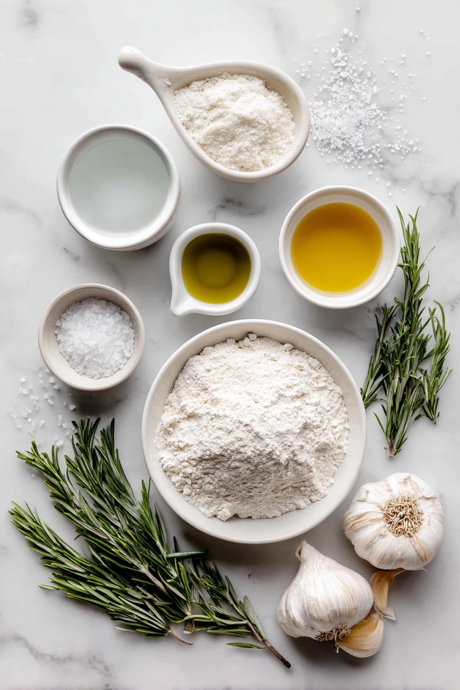 Garlic Rosemary Focaccia Bread, easy focaccia bread recipe, homemade garlic rosemary bread, fluffy focaccia with herbs, savory garlic herb bread - Flat lay of a small white ceramic bowl of warm water, a few granulated sugar crystals beside it, a small white ceramic bowl with instant yeast granules, a mound of all-purpose flour on a simple white plate, two teaspoons of salt in a small white bowl, a small white ceramic bowl containing golden olive oil, three fresh rosemary sprigs with vibrant green needles, two whole uncracked garlic bulbs with several peeled cloves arranged nearby, and some coarse salt sprinkled artfully on the surface, all arranged in perfect symmetry and balanced proportions on a clean white marble surface, soft natural light, photo taken with an iPhone, professional food photography style, fresh ingredients, white ceramic bowls, no bottles, no duplicates, no utensils, no packaging --ar 2:3 --v 7 --p m7354615311229779997