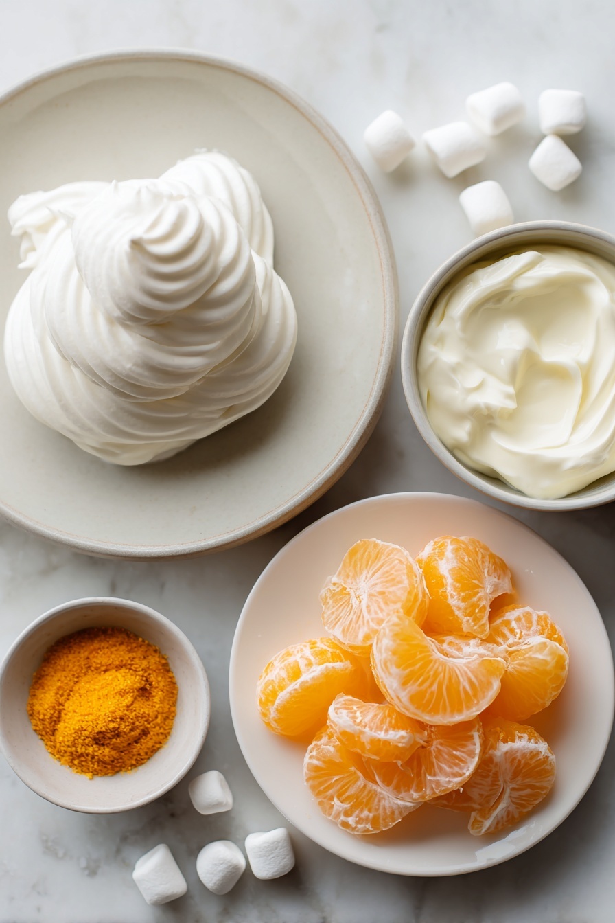 Mandarin Orange Salad with Marshmallows, easy fruit salad recipes, nostalgic fruit salad, quick dessert salad, summer fruit salad ideas - Flat lay of a small mound of smooth, fluffy thawed Cool Whip on a simple white ceramic plate, a dollop of thick creamy sour cream in a small white bowl, a small mound of bright orange powdery orange-flavored gelatin on a white ceramic plate, a neat pile of glossy, plump mandarin orange segments without juice on a white ceramic dish, and a handful of small, soft white mini marshmallows scattered gently beside the other ingredients, all arranged symmetrically and naturally placed on a clean white marble surface, soft natural light, photo taken with an iPhone, professional food photography style, fresh ingredients, white ceramic bowls, no bottles, no duplicates, no utensils, no packaging --ar 2:3 --v 7 --p m7354615311229779997