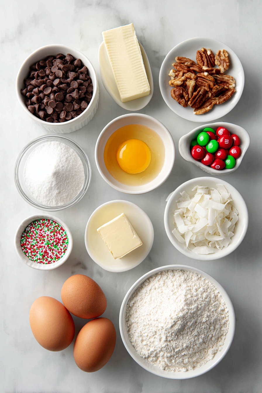 Christmas Brownie Bars with M&Ms, festive brownie bars, holiday chocolate dessert, easy Christmas brownie recipe, M&Ms brownie treats - Flat lay of a small mound of semi-sweet chocolate chips, a stick of salted butter with a smooth surface, two large brown eggs with clean shells, one large egg yolk in a small white ceramic bowl, a small white bowl filled with granulated sugar, a small white bowl holding all-purpose flour, a small white bowl of vanilla extract, a small white bowl with sweetened condensed milk, a handful of mixed nuts scattered naturally, a small heap of sweetened flaked coconut, a small pile of mini red, green, and white holiday M&Ms, a small pile of regular-sized red, green, and white holiday M&Ms, and a small white bowl with colorful holiday sprinkles, all arranged symmetrically on a clean white marble surface, soft natural light, photo taken with an iPhone, professional food photography style, fresh ingredients, white ceramic bowls, no bottles, no duplicates, no utensils, no packaging --ar 2:3 --v 7 --p m7354615311229779997