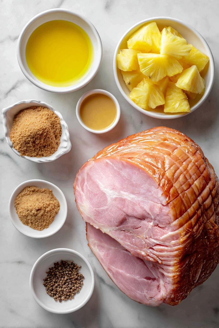 Baked Glazed Ham, glazed ham recipe, holiday ham, easy ham glaze, tender baked ham - Flat lay of a large bone-in spiral cut ham with natural pinkish glaze, a small mound of coarse brown sugar, a few fresh pineapple chunks with natural juice pooled in a small white ceramic bowl, a small white bowl of bright yellow lemon juice, a small white bowl of smooth pale yellow Dijon mustard, a small white bowl containing cinnamon powder, and a small white bowl with ground cloves, all arranged symmetrically on a clean white marble surface, soft natural light, photo taken with an iPhone, professional food photography style, fresh ingredients, white ceramic bowls, no bottles, no duplicates, no utensils, no packaging --ar 2:3 --v 7 --p m7354615311229779997