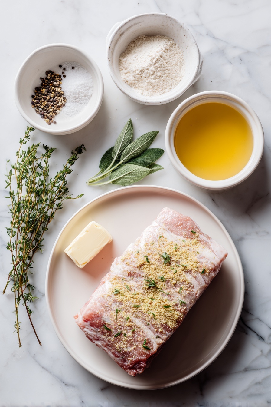 Crock Pot Pork Roast with Gravy, slow cooker pork loin dinner, easy pork roast recipe, tender pork roast with gravy, simple slow cooker pork meal - Flat lay of a fresh whole pork loin roast with a light layer of poultry seasoning, small piles of coarse salt and cracked black peppercorns, a few fresh sprigs of sage and thyme beside a pat of creamy butter on a simple white ceramic plate, a small white bowl of pale all-purpose flour, and a small white bowl filled with golden slow cooker juices blended with light chicken broth, all arranged in perfect symmetry and natural proportions, placed on a clean white marble surface, soft natural light, photo taken with an iPhone, professional food photography style, fresh ingredients, white ceramic bowls, no bottles, no duplicates, no utensils, no packaging --ar 2:3 --v 7 --p m7354615311229779997