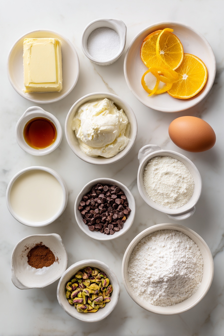 Cannoli Cookies with Pistachios and Chocolate, Italian-inspired cookies, pistachio chocolate dessert, ricotta cookie recipe, festive cookie ideas - Flat lay of a half cup of salted butter softened into a smooth block, a half cup of granulated sugar in a small white ceramic bowl, one whole large brown egg with clean shell, a half cup of whole milk ricotta cheese in a small white ceramic bowl, a small white bowl of pure vanilla extract, a small white bowl containing ground cinnamon, a small white bowl of ground nutmeg, fresh orange zest curled delicately on a white ceramic plate, a small mound of all-purpose flour on a white plate, a small white bowl with baking soda powder, a small white bowl with baking powder, a small white bowl filled with roughly chopped pistachios, a small white bowl of mini dark chocolate chips, all arranged with perfect symmetry in realistic proportions, placed on a clean white marble surface, soft natural light, photo taken with an iPhone, professional food photography style, fresh ingredients, white ceramic bowls, no bottles, no duplicates, no utensils, no packaging --ar 2:3 --v 7 --p m7354615311229779997