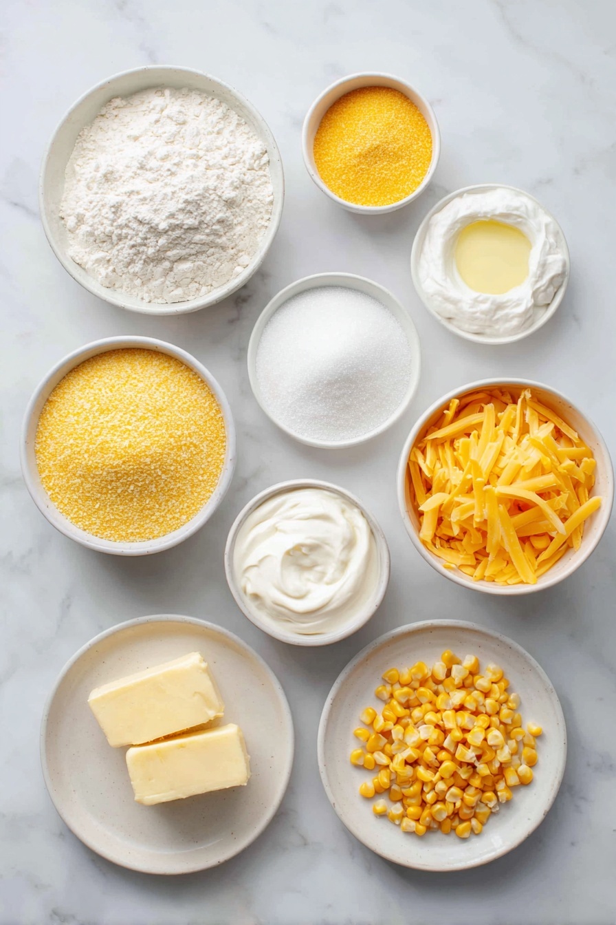 Creamy Cornbread Casserole, easy cornbread casserole, cheesy cornbread bake, comfort side dish, savory corn casserole - Flat lay of a small white ceramic bowl of all-purpose flour, a small white ceramic bowl of yellow cornmeal, a small white ceramic bowl of granulated sugar, a small white ceramic bowl of baking powder, a small white ceramic bowl of salt, a small white ceramic bowl filled with bright yellow whole kernel corn, a small white ceramic bowl of creamy corn, a small white ceramic bowl holding smooth sour cream, a small white ceramic bowl with melted butter, a simple white ceramic plate with a small pile of freshly shredded sharp cheddar cheese, placed on a clean white marble surface, soft natural light, photo taken with an iPhone, professional food photography style, fresh ingredients, white ceramic bowls, no bottles, no duplicates, no utensils, no packaging --ar 2:3 --v 7 --p m7354615311229779997