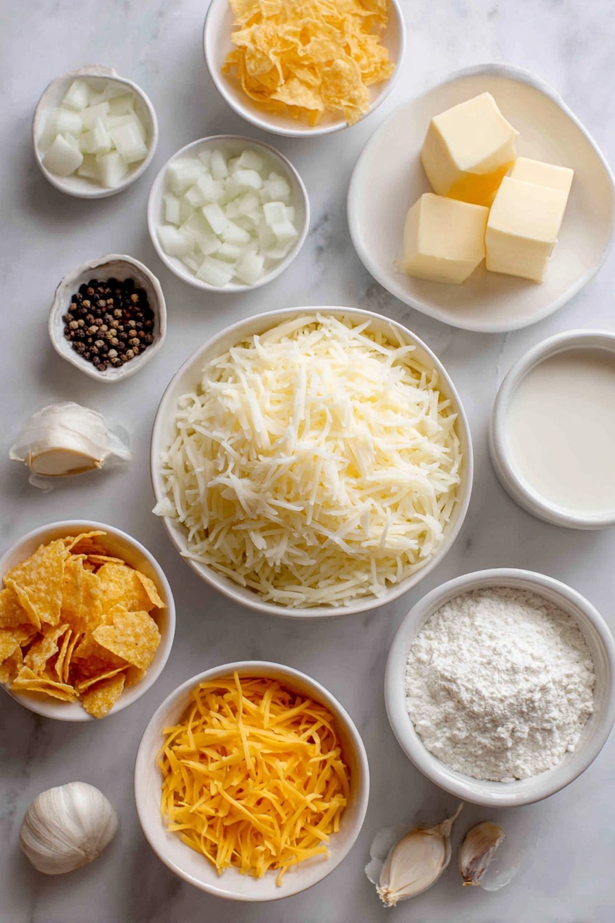 Cheesy Hashbrown Casserole, cheesy hashbrown casserole, hashbrown casserole recipe, cheesy brunch casserole, creamy hashbrown bake - Flat lay of frozen shredded hashbrown potatoes in a simple white ceramic bowl, a small white bowl with diced fresh onion, a few cubes of unsalted butter placed neatly on a white dish, a small white bowl of all-purpose flour, a small white bowl filled with milk, a white bowl with freshly grated sharp cheddar cheese, a white bowl holding sour cream, a white bowl of golden corn flakes, a small white bowl with a pile of shredded cheddar cheese, scattered whole black peppercorns and garlic cloves nearby arranged symmetrically, all ingredients fresh and natural, placed on a clean white marble surface, soft natural light, photo taken with an iPhone, professional food photography style, fresh ingredients, white ceramic bowls, no bottles, no duplicates, no utensils, no packaging --ar 2:3 --v 7 --p m7354615311229779997