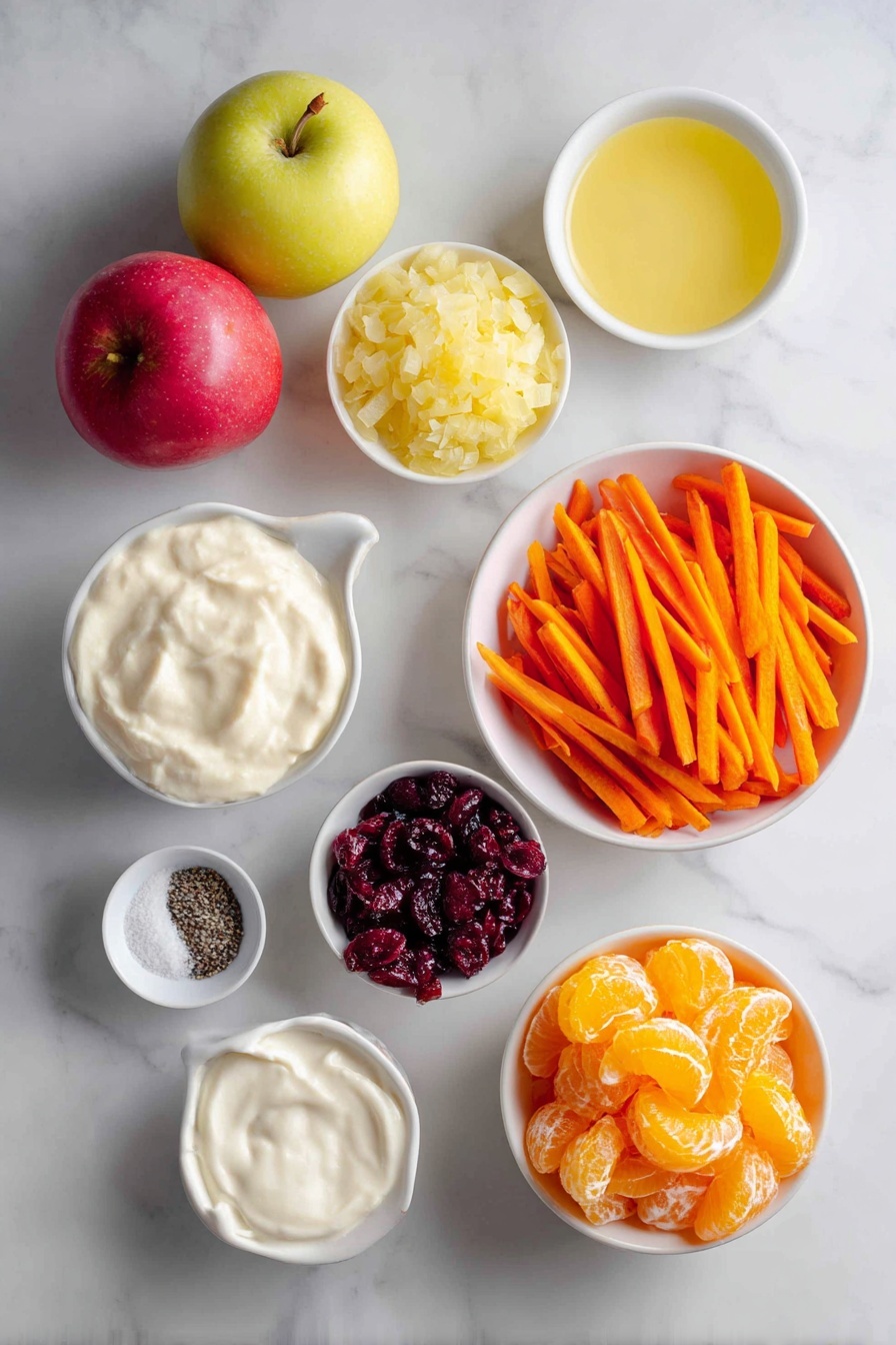 Carrot Apple Salad with Cranberries and Mandarins, healthy fruit and vegetable salad, easy seasonal fruit salad, refreshing holiday salad, vibrant fruit and veggie mix - Flat lay of a whole red delicious apple, a whole granny smith apple, a small white bowl of bright lemon juice, a simple white bowl filled with matchstick-cut fresh orange carrots, a small pile of finely diced yellow onion, a neat handful of dried sweetened cranberries, a small white bowl of creamy vanilla yogurt, a small white bowl of smooth mayonnaise, a small white bowl of granulated sugar, small piles of salt and black pepper, and a simple white bowl with vibrant mandarin orange segments, arranged in perfect symmetry on a clean white marble surface, soft natural light, photo taken with an iPhone, professional food photography style, fresh ingredients, white ceramic bowls, no bottles, no duplicates, no utensils, no packaging --ar 2:3 --v 7 --p m7354615311229779997