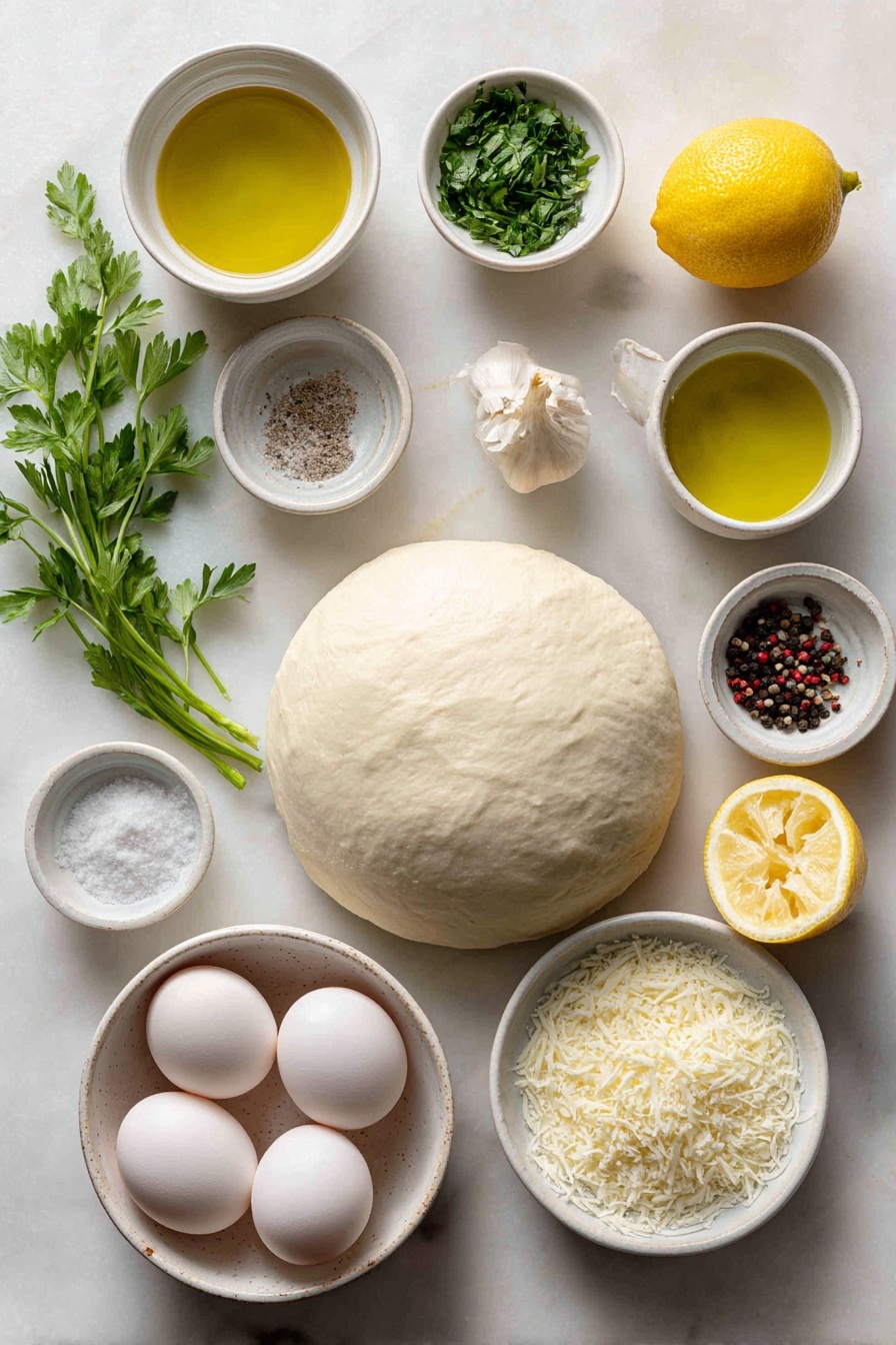 Lemon Mozzarella Pizza, lemon mozzarella pizza recipe, easy lemon pizza, citrus pizza ideas, gourmet pizza with lemon - Flat lay of a smooth, round ball of fresh pizza dough, a small white ceramic bowl of extra virgin olive oil, a small white ceramic bowl of clear water, a few bright green sprigs of chopped fresh parsley, one small garlic clove with its papery skin removed, a whole fresh lemon with a wedge cut to show juicy zest, a small white ceramic bowl holding fine salt, a small white ceramic bowl containing whole black peppercorns, a ball of fresh white mozzarella cheese, a small white ceramic bowl with grated pale yellow parmesan cheese, a small white ceramic bowl of fresh lemon juice, whole uncracked brown eggs not included (as recipe doesn’t call for eggs), all ingredients arranged symmetrically and balanced, placed on a clean white marble surface, soft natural light, photo taken with an iPhone, professional food photography style, fresh ingredients, white ceramic bowls, no bottles, no duplicates, no utensils, no packaging --ar 2:3 --v 7 --p m7354615311229779997