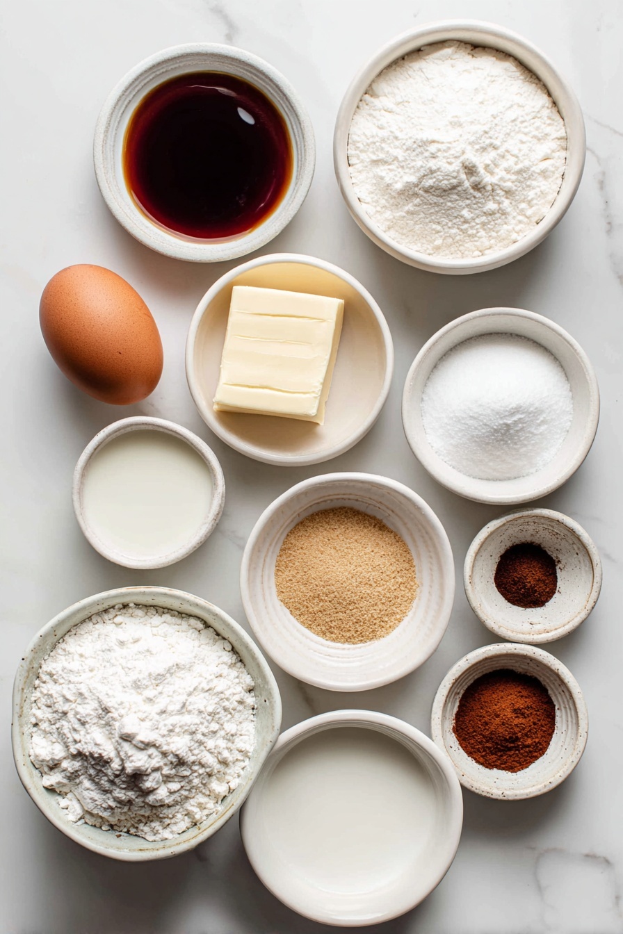 Chewy Gingerbread Man Cookies, gingerbread cookies, holiday baking recipes, chewy gingerbread treats, easy gingerbread cookies - Flat lay of a small white ceramic bowl of dark amber molasses, a small white ceramic bowl filled with pale yellow butter flavored shortening, a small white ceramic bowl of white granulated sugar, a single large whole uncracked brown egg, a small white ceramic bowl of clear hot water, a small white ceramic bowl of fine off-white baking soda powder, a small white ceramic bowl of ground cinnamon with warm reddish-brown color, a small white ceramic bowl of light beige ground ginger, a small white ceramic bowl of dark brown ground cloves, a small white ceramic bowl of pure white salt, a small white ceramic bowl heaped with white all-purpose flour, a small white ceramic bowl of powdered sugar, a small white ceramic bowl of creamy white milk, a small white ceramic bowl of clear vanilla extract placed on a clean white marble surface, soft natural light, photo taken with an iPhone, professional food photography style, fresh ingredients, white ceramic bowls, no bottles, no duplicates, no utensils, no packaging --ar 2:3 --v 7 --p m7354615311229779997