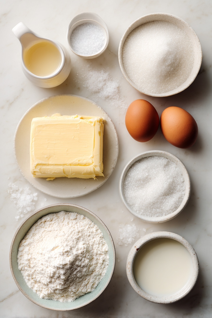 Danish Butter Cookies, Danish Butter Cookies recipe, how to make Danish Butter Cookies, homemade Danish Butter Cookies, classic Danish cookies - Flat lay of European salted butter in a square slab, a small white ceramic bowl filled with granulated sugar, a few grains of coarse salt scattered beside, two brown whole eggs with clean shells, a small white ceramic bowl holding clear pale vanilla extract, a small white ceramic bowl with whole milk, a small white ceramic bowl heaped with all-purpose flour, a small white ceramic bowl containing cake flour, and a small white ceramic bowl with coarse sugar crystals, all arranged in perfect symmetry on a clean white marble surface, soft natural light, photo taken with an iPhone, professional food photography style, fresh ingredients, white ceramic bowls, no bottles, no duplicates, no utensils, no packaging --ar 2:3 --v 7 --p m7354615311229779997