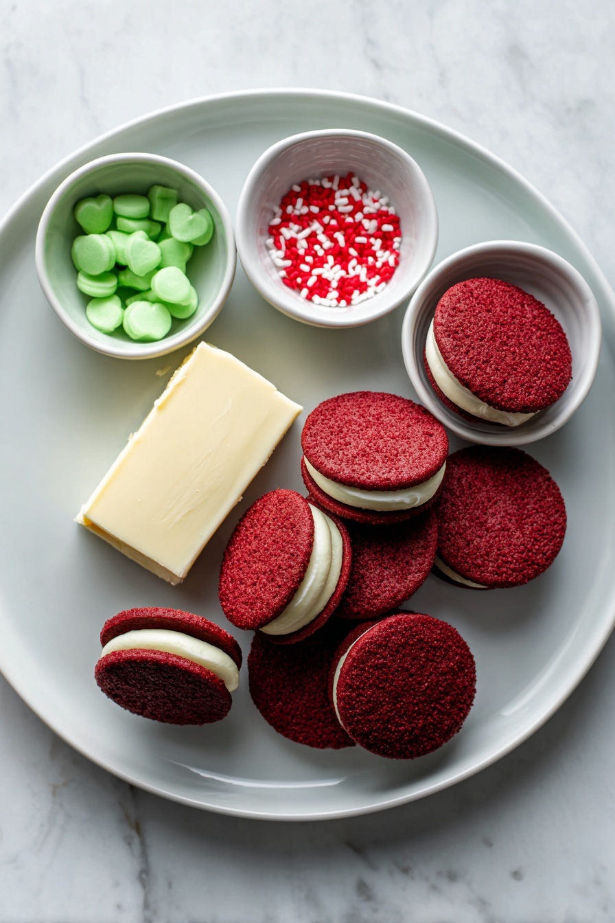 Grinch Oreo Balls with Red Velvet Oreos, Festive Christmas Oreo Bites, Holiday Treats with Red Velvet Oreos, Christmas Dessert Balls, Easy Festive Oreo Snacks - Flat lay of a small pile of whole Red Velvet Oreo cookies with their deep red and white cream centers visible in one opened cookie, a block of smooth cream cheese still in its shape, a small white bowl filled with vibrant green candy melts, and another small white bowl holding tiny red heart sprinkles, all arranged neatly with perfect symmetry on a simple white ceramic plate and bowls, placed on a clean white marble surface, soft natural light, photo taken with an iPhone, professional food photography style, fresh ingredients, white ceramic bowls, no bottles, no duplicates, no utensils, no packaging --ar 2:3 --v 7 --p m7354615311229779997