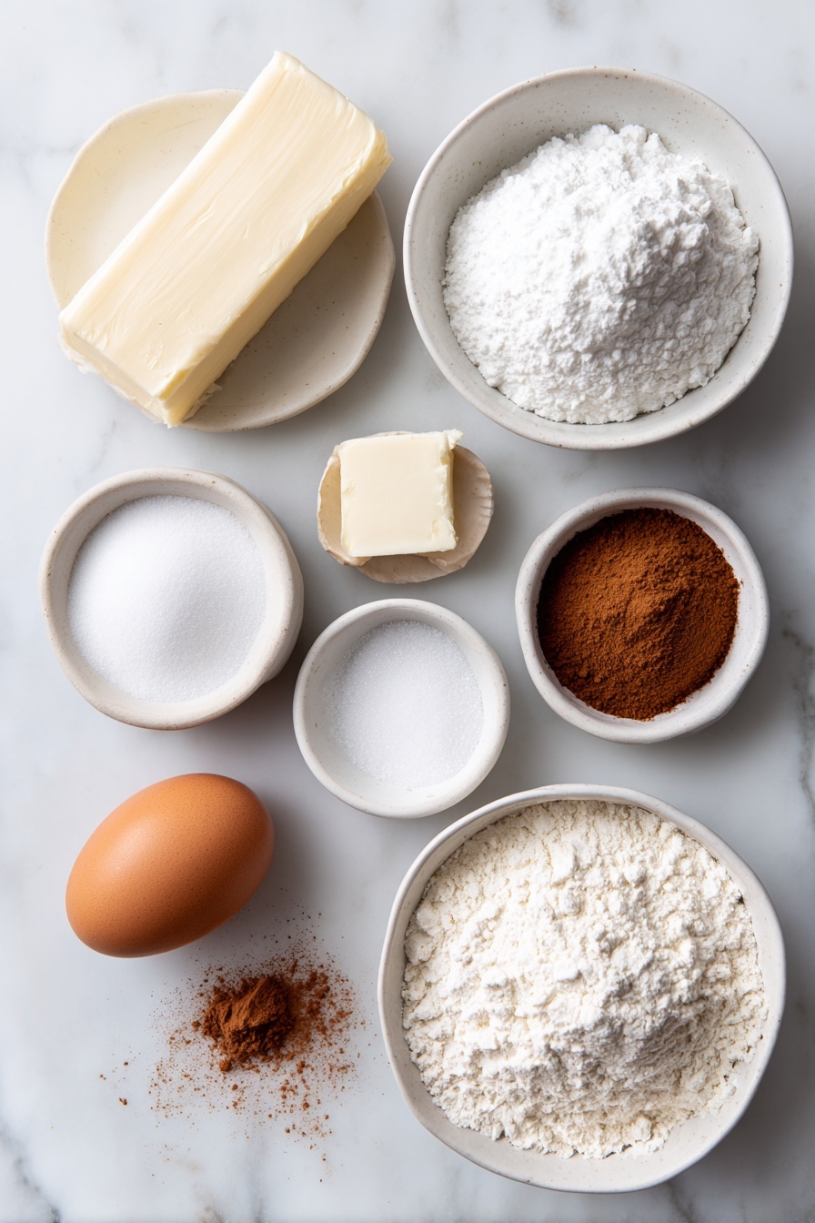 Cinnamon Cream Cheese Cookies, cinnamon cream cheese cookie recipe, soft cinnamon cookies, cream cheese cookies with cinnamon sugar, easy cinnamon cookies - Flat lay of a small block of unsalted butter, a wedge of cream cheese with a fresh cut, a small mound of powdered sugar in a white ceramic bowl, one whole brown egg with a clean shell, a tiny white bowl containing fine white baking powder, a small white bowl with smooth vanilla bean paste, a pinch of kosher salt displayed loosely on the surface, a heap of pale all-purpose flour, a small white bowl filled with granulated sugar, and a small white bowl holding ground cinnamon, all arranged symmetrically on a clean white marble surface, soft natural light, photo taken with an iPhone, professional food photography style, fresh ingredients, white ceramic bowls, no bottles, no duplicates, no utensils, no packaging --ar 2:3 --v 7 --p m7354615311229779997