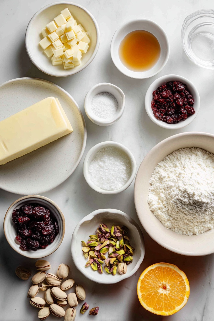 Cranberry Pistachio Shortbread Cookies, holiday shortbread cookies, fruity nut shortbread, white chocolate drizzle cookies, easy festive cookies - Flat lay of a stick of unsalted butter, a small mound of powdered sugar on a white ceramic plate, a tiny white bowl with vanilla extract, another tiny white bowl with almond extract, a white ceramic bowl filled with all-purpose flour, a small pile of coarse salt, a small white bowl with roughly chopped dried cranberries, a white bowl holding roughly chopped shelled pistachios, a fresh orange with a few strips of orange zest beside it on a white dish, a small white bowl containing chopped white chocolate, a small white bowl with coconut oil, placed on a clean white marble surface, soft natural light, photo taken with an iPhone, professional food photography style, fresh ingredients, white ceramic bowls, no bottles, no duplicates, no utensils, no packaging --ar 2:3 --v 7 --p m7354615311229779997