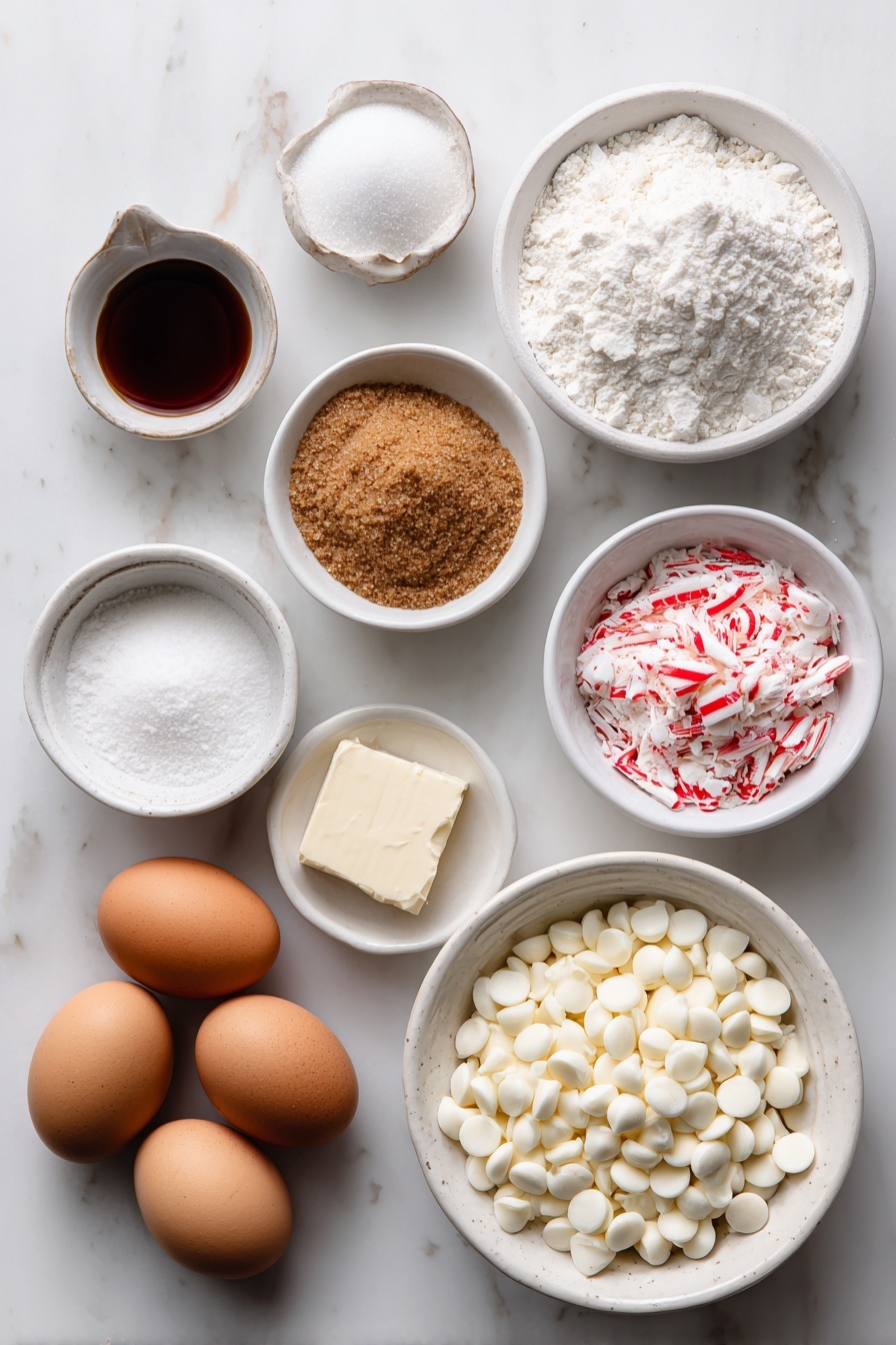 White Chocolate Candy Cane Cookies, Holiday Cookies, Festive Christmas Cookies, Candy Cane Cookie Recipe, White Chocolate Cookies - Flat lay of a small pile of white granulated sugar, a small mound of packed brown sugar, a pat of softened butter, two whole brown eggs with clean shells, a small white bowl of vanilla extract, a small white bowl of baking powder, a small white bowl of salt, a heap of all-purpose flour, a small white bowl filled with finely crushed red and white candy canes, and a simple white ceramic bowl overflowing with white chocolate chips, all arranged with perfect symmetry and balanced proportions, placed on a clean white marble surface, soft natural light, photo taken with an iPhone, professional food photography style, fresh ingredients, white ceramic bowls, no bottles, no duplicates, no utensils, no packaging --ar 2:3 --v 7 --p m7354615311229779997