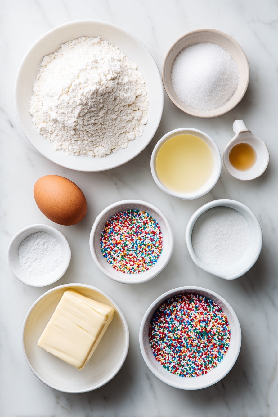 Soft Cut-Out Sugar Cookies, easy sugar cookies, tender cut-out cookies, homemade decorated cookies, soft cookie recipe - Flat lay of a small mound of all-purpose flour on a white ceramic plate, a small white bowl of granulated sugar, a large whole brown egg with a clean shell, a few tablespoons of softened unsalted butter shaped into a smooth pat, a small white bowl containing clear vanilla extract, a small white bowl with almond extract, a small white bowl of baking powder, a small white bowl of salt, and a small white ceramic bowl filled with assorted colorful sprinkles — all arranged symmetrically and balanced, placed on a clean white marble surface, soft natural light, photo taken with an iPhone, professional food photography style, fresh ingredients, white ceramic bowls, no bottles, no duplicates, no utensils, no packaging --ar 2:3 --v 7 --p m7354615311229779997