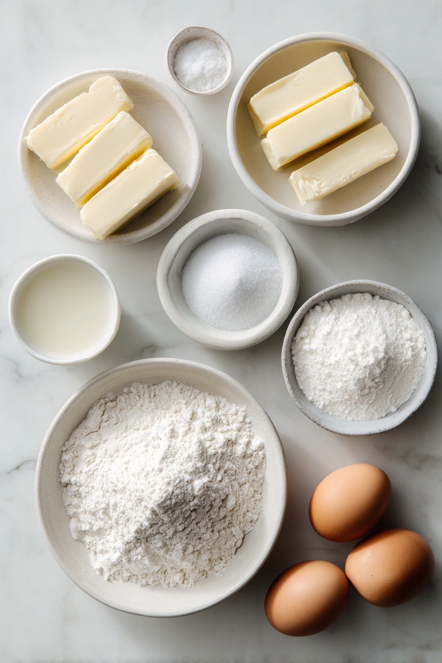 Perfect Sugar Cookies, easy sugar cookies, soft sugar cookies, vanilla sugar cookies, decorative sugar cookies - Flat lay of a small mound of sifted all-purpose flour in a simple white ceramic bowl, a small white bowl filled with fine sea salt, a small white bowl with baking powder, three sticks of unsalted butter arranged neatly, a small white bowl holding granulated sugar, two large whole brown eggs with clean shells, a small white bowl of clear pure vanilla extract, and an extra small white bowl containing granulated sugar for rolling, all placed on a clean white marble surface, soft natural light, photo taken with an iPhone, professional food photography style, fresh ingredients, white ceramic bowls, no bottles, no duplicates, no utensils, no packaging --ar 2:3 --v 7 --p m7354615311229779997