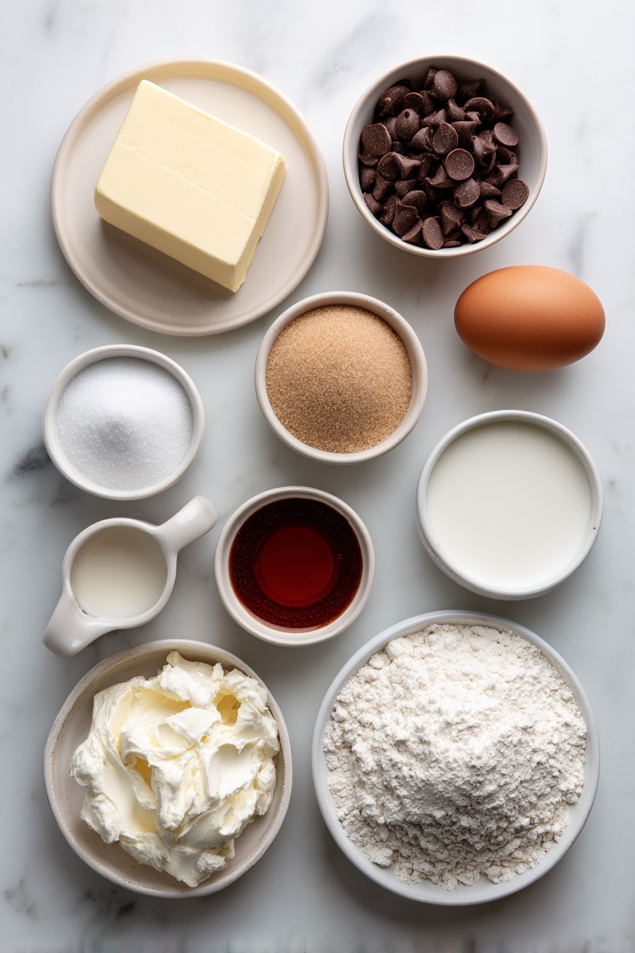 Red Velvet Cookie Sandwiches, red velvet cookies with cream cheese frosting, easy red velvet sandwich cookies, Valentine's Day dessert ideas, chewy red velvet cookies - Flat lay of a small white ceramic bowl of unsalted butter, a small white bowl filled with packed light brown sugar, a small white bowl of granulated sugar, one whole uncracked brown egg, a small white bowl with dark cocoa powder, a simple pile of all-purpose flour on white ceramic plate, a small white bowl of milk chocolate chips, a small white bowl of cream cheese, a small white bowl of powdered sugar, a small white bowl of milk, a few drops of red gel food color on white ceramic dish, all arranged in perfect symmetry, placed on a clean white marble surface, soft natural light, photo taken with an iPhone, professional food photography style, fresh ingredients, white ceramic bowls, no bottles, no duplicates, no utensils, no packaging --ar 2:3 --v 7 --p m7354615311229779997