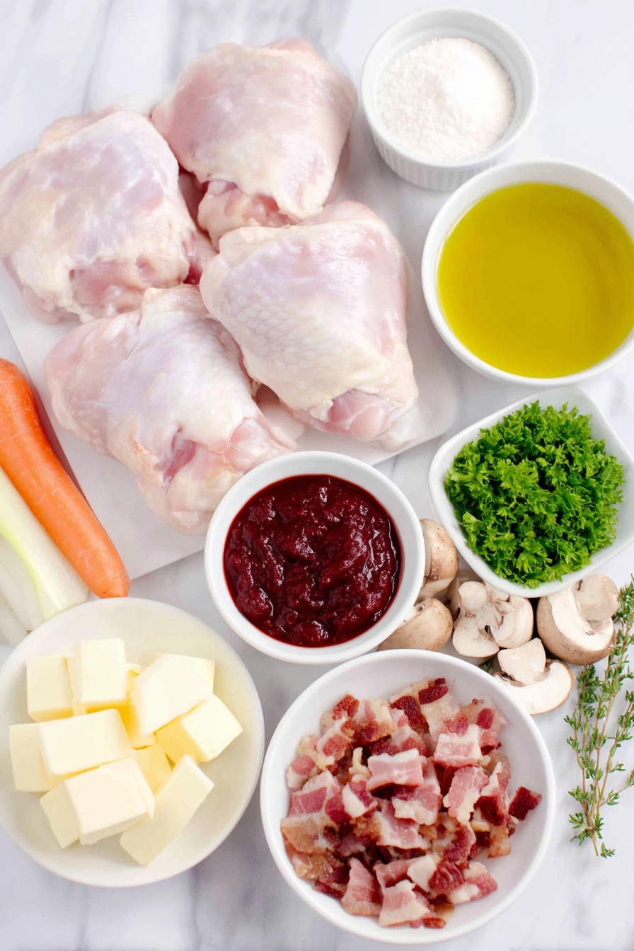 Coq au Vin, Easy Coq au Vin, French chicken stew, Braised chicken recipes, Classic French dishes - Flat lay of fresh bone-in, skin-on chicken thighs and drumsticks arranged neatly, a small pile of diced slab bacon pieces, one large yellow onion chopped into chunks, two peeled carrots cut diagonally into 1-inch pieces, four whole cloves of garlic, a small white bowl with deep red tomato paste, a small white bowl of all-purpose flour, a few fresh sprigs of thyme tied together, one fresh bay leaf, a small white bowl filled with clear golden vegetable oil, a small white bowl of unsalted butter cubes, a small white bowl of chicken stock, a small white bowl holding peeled pearl onions, a small mound of sliced cremini mushrooms, and a small heap of chopped fresh parsley—all presented on simple white ceramic bowls and plates, perfectly balanced and symmetrical, placed on a clean white marble surface, soft natural light, photo taken with an iPhone, professional food photography style, fresh ingredients, white ceramic bowls, no bottles, no duplicates, no utensils, no packaging --ar 2:3 --v 7 --p m7354615311229779997