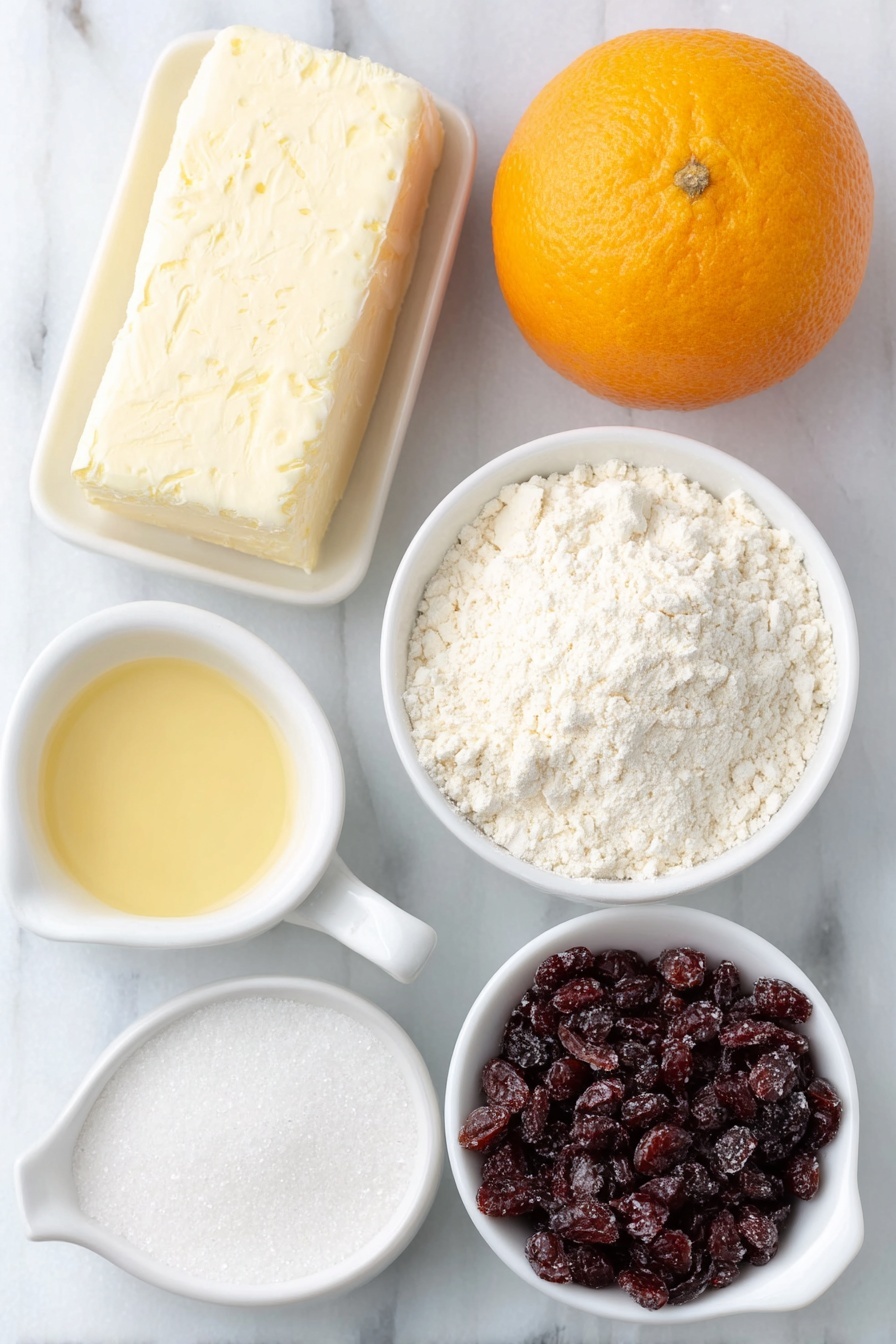 Cranberry Orange Shortbread Cookies, cranberry orange cookies, holiday shortbread cookies, citrus cranberry shortbread, easy holiday cookies - Flat lay of a small mound of fine caster sugar stained with fresh orange zest, one whole bright orange with smooth skin, a slab of pale unsalted butter with a creamy texture, a small white ceramic bowl of pure vanilla extract, a neat heap of plain all-purpose flour, a small pile of plump dried cranberries finely chopped, a small white ceramic bowl filled with powdered icing sugar, a small white ceramic bowl holding freshly squeezed orange juice, and a small white ceramic bowl of melted unsalted butter, all arranged in perfect symmetry and placed on a clean white marble surface, soft natural light, photo taken with an iPhone, professional food photography style, fresh ingredients, white ceramic bowls, no bottles, no duplicates, no utensils, no packaging --ar 2:3 --v 7 --p m7354615311229779997