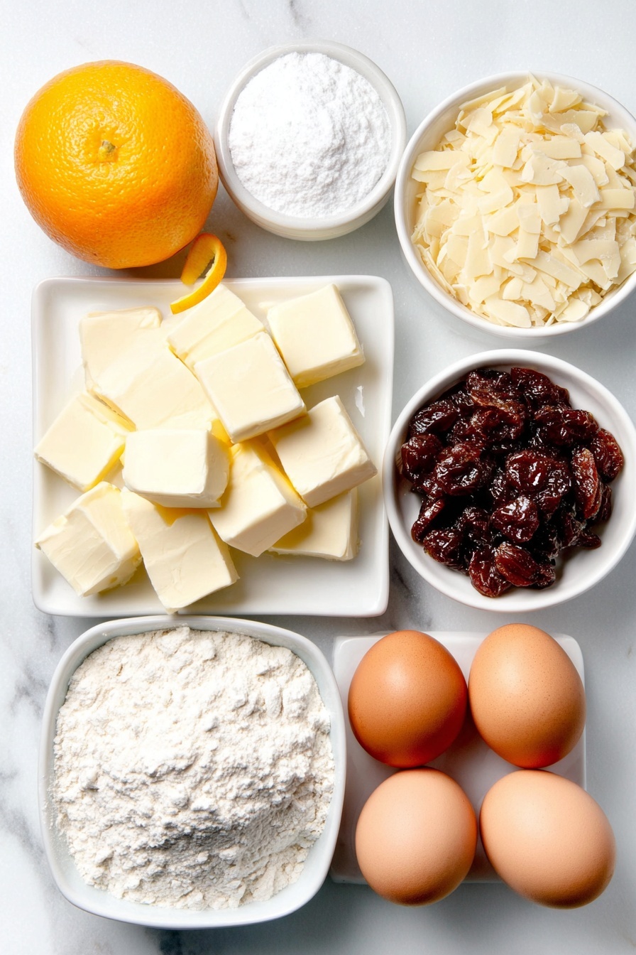 Festive Mince Pies with Frangipane Topping, mince pies recipe, holiday mince pies, easy mince pie recipe, festive dessert ideas - Flat lay of a small mound of plain white flour on a simple white ceramic plate, a few large cubes of cold unsalted butter arranged neatly on another white ceramic dish, a small white ceramic bowl filled with golden mincemeat fruit filling, a fresh whole orange with a small strip of bright orange zest curling beside it on the surface, a small white ceramic bowl holding granulated white sugar, two clean whole brown eggs with uncracked shells placed side by side on the white marble, a small white ceramic bowl filled with pale beige ground almonds, a smaller white ceramic bowl containing plain white flour, a tiny heap of delicate pale beige flaked almonds on the marble surface, and a small white ceramic bowl with fine white powdered icing sugar arranged in perfect symmetry, placed on a clean white marble surface, soft natural light, photo taken with an iPhone, professional food photography style, fresh ingredients, white ceramic bowls, no bottles, no duplicates, no utensils, no packaging --ar 2:3 --v 7 --p m7354615311229779997
