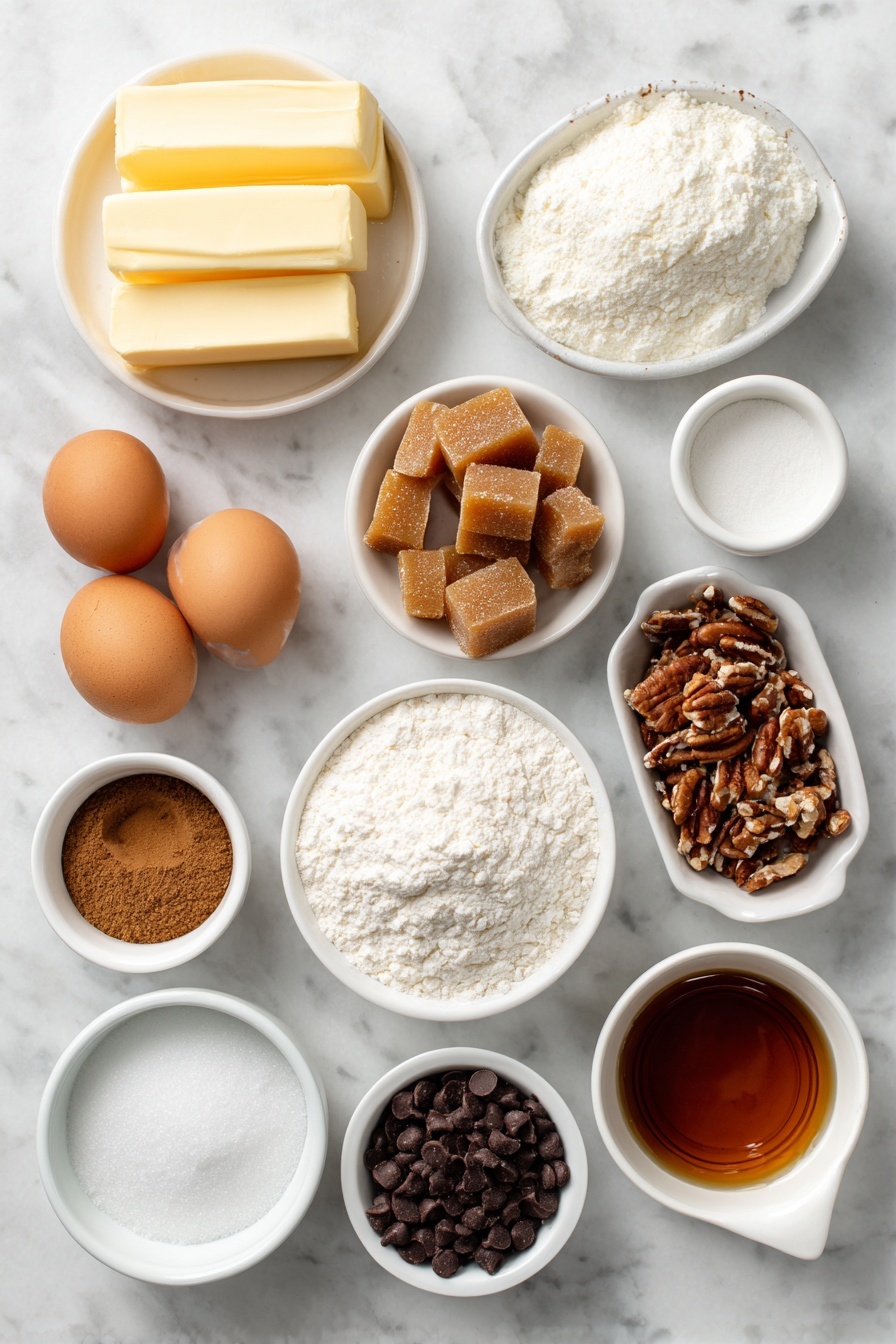 Chocolate Caramel Turtle Cookies, easy chocolate caramel cookies, nutty turtle cookies, caramel chocolate dessert, holiday cookie recipes - Flat lay of unsalted butter sticks softened, a small white bowl of granulated sugar, a small white bowl of packed light brown sugar, two whole uncracked brown eggs, a small white bowl of vanilla extract, a small white bowl of all-purpose flour, a small white bowl of unsweetened cocoa powder, a small white bowl of baking soda, a small white bowl of salt, a simple white ceramic dish holding chopped soft caramels, a simple white ceramic dish with chopped pecans, a small white bowl filled with chocolate chips, and a small white bowl with coconut oil placed on a clean white marble surface, soft natural light, photo taken with an iPhone, professional food photography style, fresh ingredients, white ceramic bowls, no bottles, no duplicates, no utensils, no packaging --ar 2:3 --v 7 --p m7354615311229779997