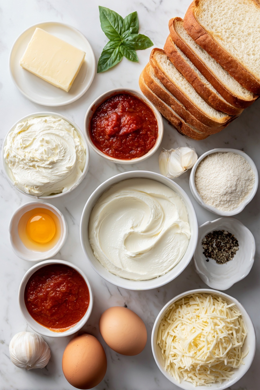 Grilled Cheese with Tomato Soup Bake, baked tomato soup casserole, cheesy tomato bake, comfort food casserole, easy grilled cheese bake - Flat lay of a small white ceramic bowl of smooth reduced-fat cream cheese, a few dried basil leaves scattered beside it, six slices of thick Italian bread stacked neatly, six slices of fresh part-skim mozzarella cheese arranged in a perfect row, a small white bowl of softened golden butter, a small white bowl filled with vibrant red tomato paste, one fresh peeled garlic clove, a small white bowl of coarse salt, a small white bowl of cracked black peppercorns, a small white bowl of creamy 2% milk, two whole uncracked brown eggs, and a small white bowl of shredded Italian cheese blend, all ingredients fresh and natural, perfectly symmetrical on a clean white marble surface, soft natural light, photo taken with an iPhone, professional food photography style, fresh ingredients, white ceramic bowls, no bottles, no duplicates, no utensils, no packaging --ar 2:3 --v 7 --p m7354615311229779997