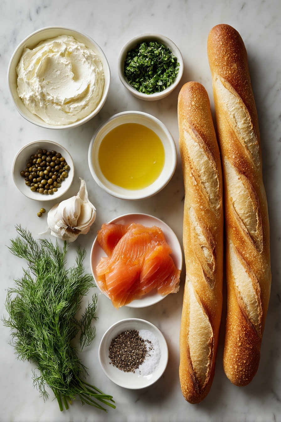 Smoked Salmon Crostini, smoked salmon appetizer, easy smoked salmon starters, elegant canapés, party appetizer ideas - Flat lay of a fresh whole baguette, several golden toasted baguette slices arranged neatly, a small white ceramic bowl of softened cream cheese, a small white bowl with freshly squeezed lemon juice, a small white bowl of chopped fresh dill, one whole garlic clove unpeeled, a small white bowl containing capers, a few sprigs of fresh dill, thin folded slices of cold smoked salmon, and a small white bowl with freshly cracked black pepper, all placed on a clean white marble surface, soft natural light, photo taken with an iPhone, professional food photography style, fresh ingredients, white ceramic bowls, no bottles, no duplicates, no utensils, no packaging --ar 2:3 --v 7 --p m7354615311229779997