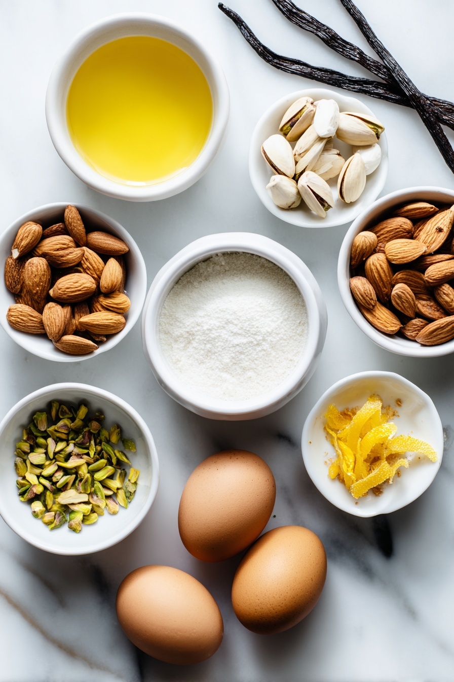 Italian Torrone Nougat, homemade Italian nougat, easy torrone recipe, festive Italian confections, nutty Italian holiday treat - Flat lay of a small white ceramic bowl of golden honey, a small white bowl of clear water, a small white bowl of white granulated sugar, two whole uncracked brown eggs with clean shells, a small white bowl of toasted whole almonds, a small white bowl of toasted whole pistachios, a small white bowl containing fresh vanilla beans and a piece of bright citrus zest, all arranged symmetrically on a clean white marble surface, soft natural light, photo taken with an iPhone, professional food photography style, fresh ingredients, white ceramic bowls, no bottles, no duplicates, no utensils, no packaging --ar 2:3 --v 7 --p m7354615311229779997