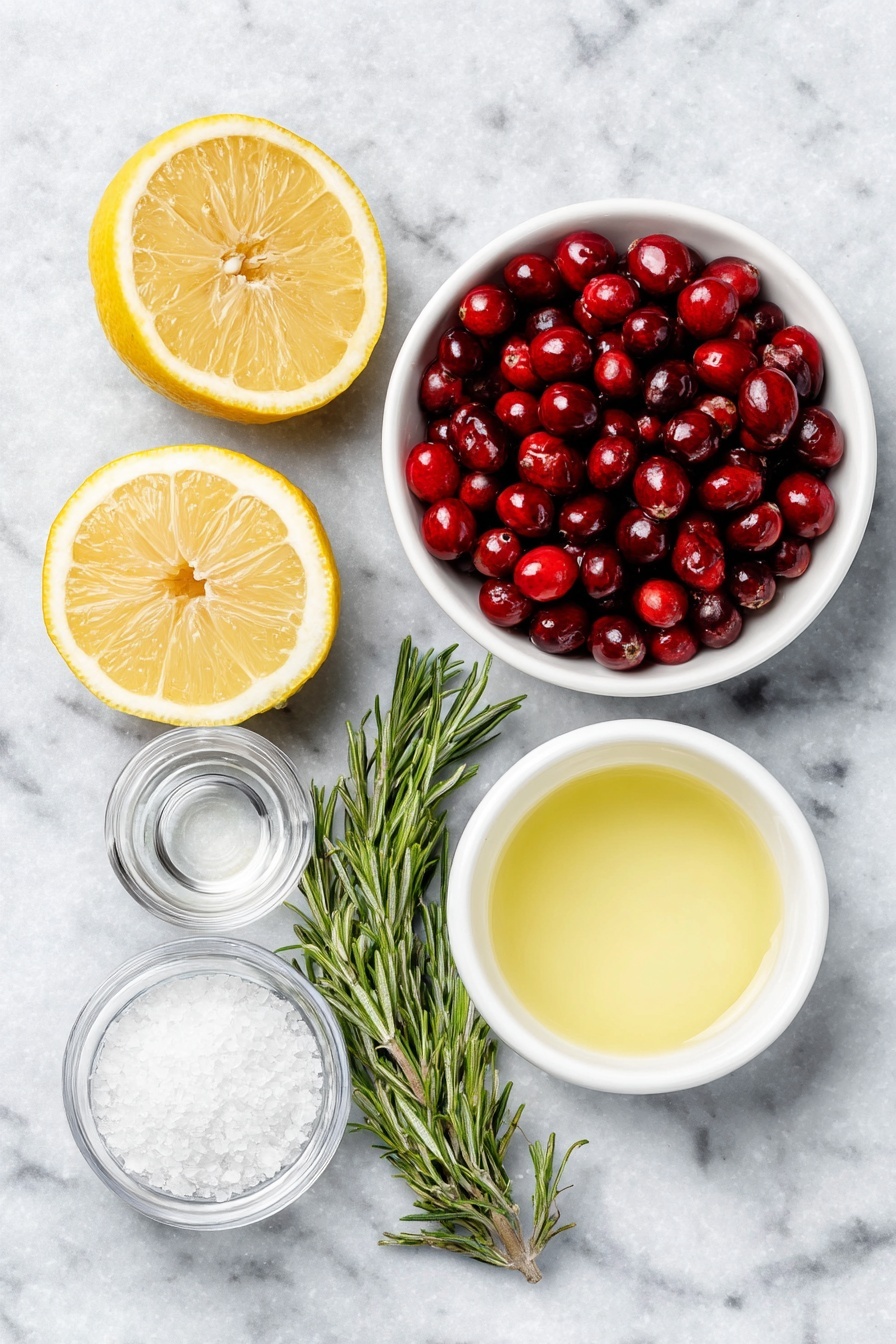 Festive Lemon Drop Cocktail, holiday lemon cocktails, citrus holiday drinks, easy lemon cocktail, Christmas cocktail ideas - Flat lay of a whole fresh lemon cut in half showing juicy pulp, a small white ceramic bowl filled with bright red cranberries, a single vibrant green rosemary sprig, a small white ceramic bowl with fine sparkling white sugar, a small white ceramic bowl containing clear simple syrup, a small white ceramic bowl holding deep pink cranberry juice, a small white ceramic bowl with pale yellow freshly squeezed lemon juice, and a small white ceramic bowl filled with clear vodka, all arranged in perfect symmetry and balanced proportions on a clean white marble surface, soft natural light, photo taken with an iPhone, professional food photography style, fresh ingredients, white ceramic bowls, no bottles, no duplicates, no utensils, no packaging --ar 2:3 --v 7 --p m7354615311229779997