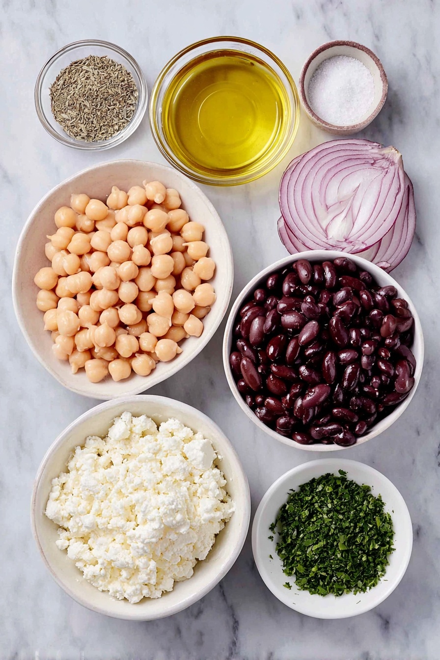 Healthy Chickpea Black Bean Salad, nutritious chickpea black bean salad, easy healthy salad, vegan bean salad, protein-packed vegetable salad - Flat lay of a small white ceramic bowl of rinsed and drained chickpeas, a small white ceramic bowl of rinsed and drained black beans, a small white ceramic bowl of golden olive oil, a small white ceramic bowl of deep red wine vinegar, a small white ceramic bowl with dried oregano, a small white ceramic bowl with salt, a small white ceramic bowl with black pepper, half a fresh red onion thinly sliced, a small white ceramic bowl of crumbled fresh white feta cheese, a small white ceramic bowl of chopped fresh green parsley placed on a clean white marble surface, soft natural light, photo taken with an iPhone, professional food photography style, fresh ingredients, white ceramic bowls, no bottles, no duplicates, no utensils, no packaging --ar 2:3 --v 7 --p m7354615311229779997