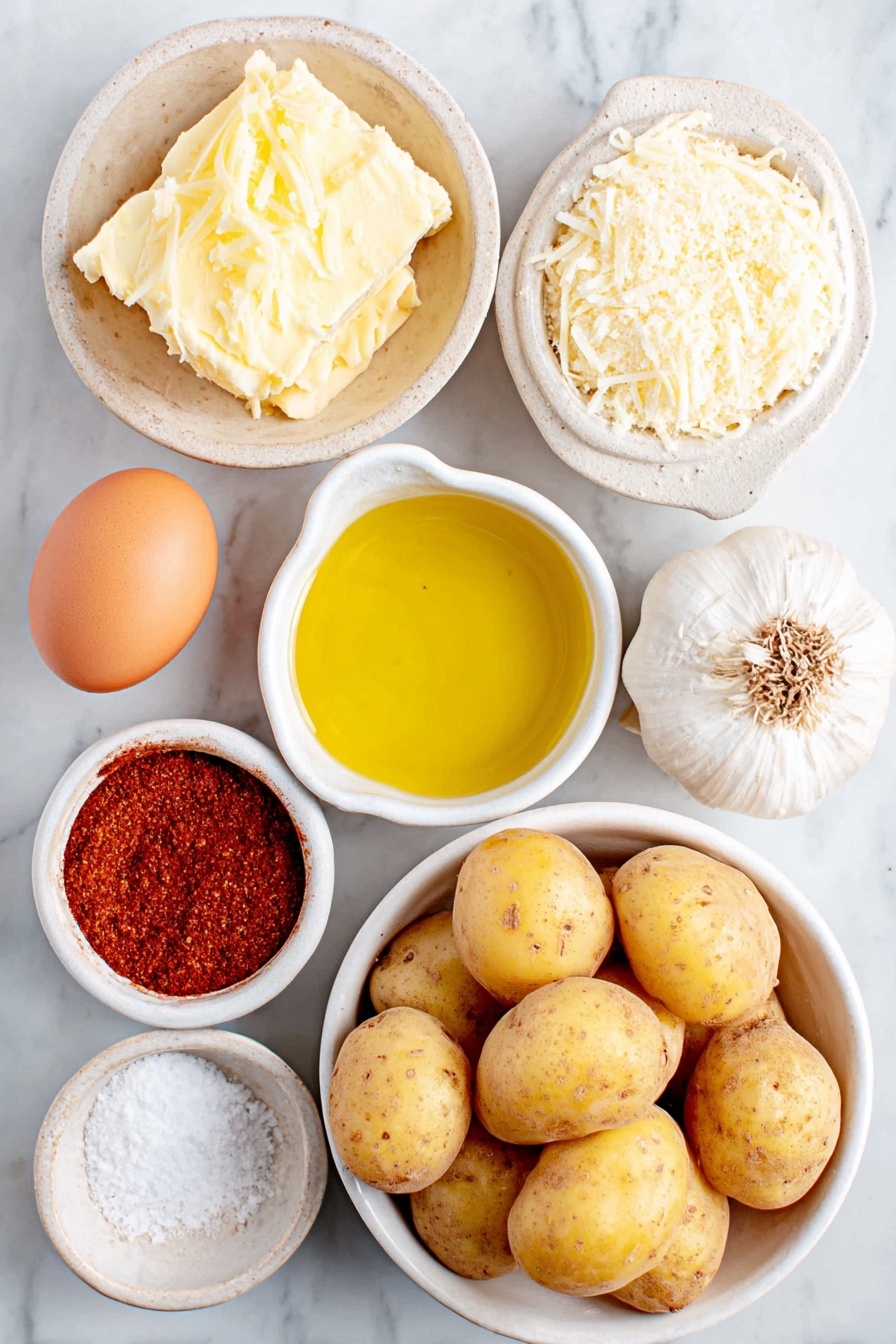 Cheese Crusted Potatoes with Roasted Garlic Aioli, crispy cheese potato side dish, roasted garlic aioli recipe, cheesy potato appetizer, flavorful potato sides - Flat lay of small whole Yukon Gold potatoes with smooth golden skin, a small mound of finely grated aged Manchego cheese with a pale yellow hue, a small white ceramic bowl filled with extra virgin olive oil glistening with a rich golden color, a small white bowl holding bright red smoked paprika powder, a whole rustic head of garlic with white papery skin, a small white bowl containing whole uncracked brown egg, a tiny lemon wedge with vibrant yellow flesh, a small white bowl of fine seasoned salt crystals, and a small white bowl of deep reddish chipotle powder, all arranged symmetrically on a clean white marble surface, soft natural light, photo taken with an iPhone, professional food photography style, fresh ingredients, white ceramic bowls, no bottles, no duplicates, no utensils, no packaging --ar 2:3 --v 7 --p m7354615311229779997