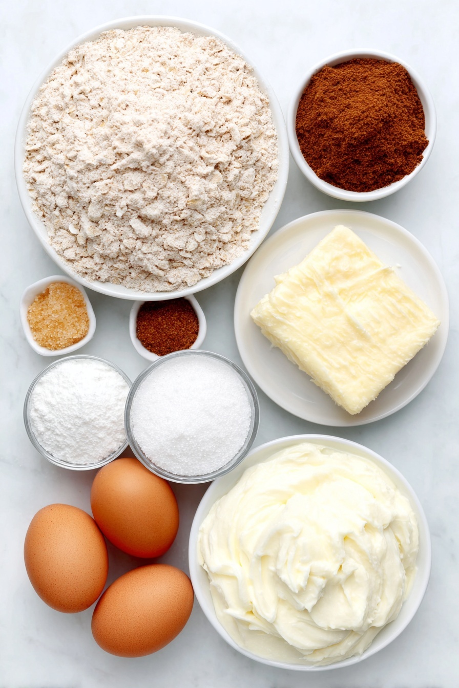 Healthy Greek Yogurt Pancakes, Greek Yogurt Pancakes, Healthy Breakfast Recipes, Fluffy Pancakes, Protein Pancakes - Flat lay of a small white ceramic bowl of light brown oat flour, a small white ceramic bowl of pale all-purpose flour, a small white ceramic bowl of golden granulated sugar, a small white ceramic bowl of fine sea salt, a small white ceramic bowl of cinnamon powder, two whole uncracked brown eggs, a small white ceramic bowl of creamy vanilla Greek yogurt, a small white ceramic bowl of golden milk, a small white ceramic bowl of white baking powder, a small white ceramic bowl of pale baking soda, a few green sticks of fresh vanilla, a small piece of golden salted butter placed on a simple white ceramic dish, all ingredients arranged symmetrically and looking fresh and natural placed on a clean white marble surface, soft natural light, photo taken with an iPhone, professional food photography style, fresh ingredients, white ceramic bowls, no bottles, no duplicates, no utensils, no packaging --ar 2:3 --v 7 --p m7354615311229779997