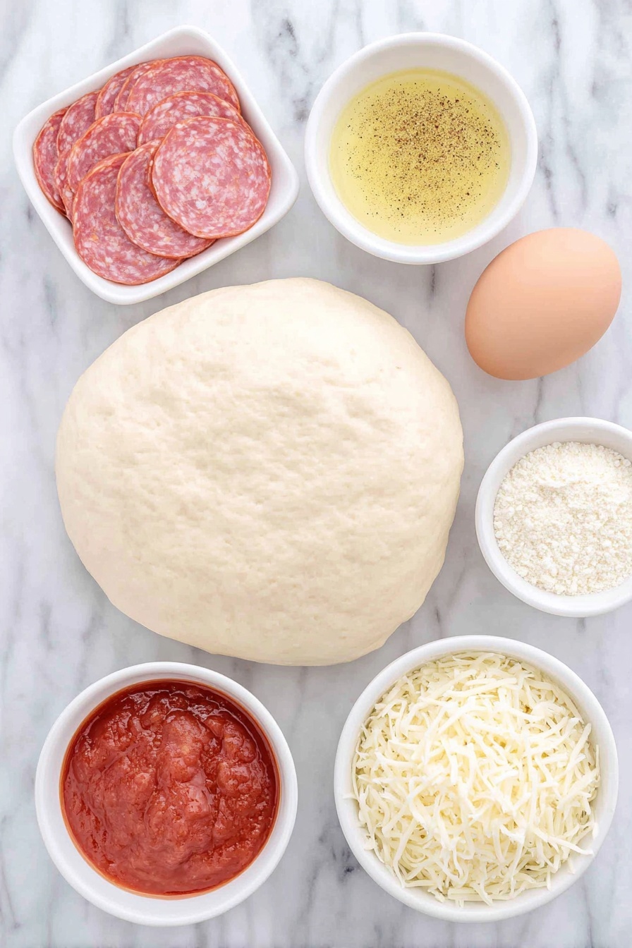 Cheesy Pepperoni Rolls with Marinara, pepperoni roll appetizer, cheesy Italian snack, easy pizza dough snacks, savory party finger foods - Flat lay of a small rectangle of fresh raw pizza dough, a small white bowl with melted golden butter mixed with Italian seasoning and garlic powder, a neat pile of bright red pepperoni slices, a small mound of shredded white mozzarella cheese, a single whole brown egg with a clean shell, a small white bowl with finely grated pale parmesan cheese, a small white bowl filled with rich red marinara sauce, all ingredients arranged symmetrically on a clean white marble surface, soft natural light, photo taken with an iPhone, professional food photography style, fresh ingredients, white ceramic bowls, no bottles, no duplicates, no utensils, no packaging --ar 2:3 --v 7 --p m7354615311229779997