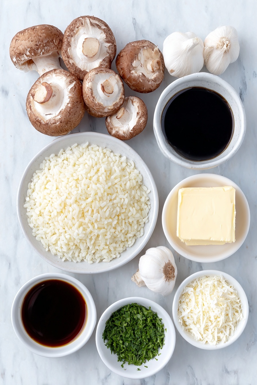 Pressure Cooker Mushroom Risotto, mushroom risotto recipe, quick mushroom risotto, easy pressure cooker risotto, creamy mushroom risotto - Flat lay of a small white ceramic bowl of extra-virgin olive oil, thickly sliced brown button mushrooms, a medium yellow onion finely chopped on a white ceramic plate, two whole uncracked medium garlic cloves, a small white ceramic bowl of Arborio risotto rice, a small white ceramic bowl of dry white wine, a small white ceramic bowl of soy sauce, a small white ceramic bowl of vegetable broth, a small white ceramic bowl of finely grated Parmesan cheese, two tablespoons of cold butter on a small white ceramic plate, and a handful of finely minced fresh parsley placed on a clean white marble surface, soft natural light, photo taken with an iPhone, professional food photography style, fresh ingredients, white ceramic bowls, no bottles, no duplicates, no utensils, no packaging --ar 2:3 --v 7 --p m7354615311229779997