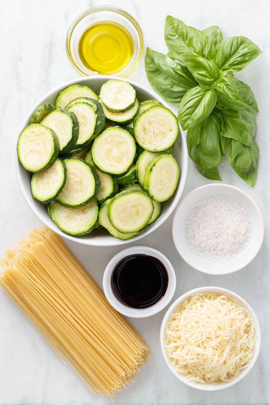 Spaghetti with Crispy Zucchini and Parmesan, zucchini pasta with parmesan, crispy zucchini spaghetti, easy zucchini pasta recipe, flavorful zucchini pasta dish - Flat lay of thinly sliced fresh zucchini rounds, a small pile of golden fried zucchini slices, a handful of bright green fresh basil leaves, a simple white ceramic bowl filled with golden extra virgin olive oil, a small white bowl containing grated parmesan cheese, a neat bundle of uncooked pale yellow spaghetti strands, a small white bowl with sunflower oil, and a pinch of coarse kosher salt scattered artfully on the white ceramic surface, all arranged with perfect symmetry, placed on a clean white marble surface, soft natural light, photo taken with an iPhone, professional food photography style, fresh ingredients, white ceramic bowls, no bottles, no duplicates, no utensils, no packaging --ar 2:3 --v 7 --p m7354615311229779997